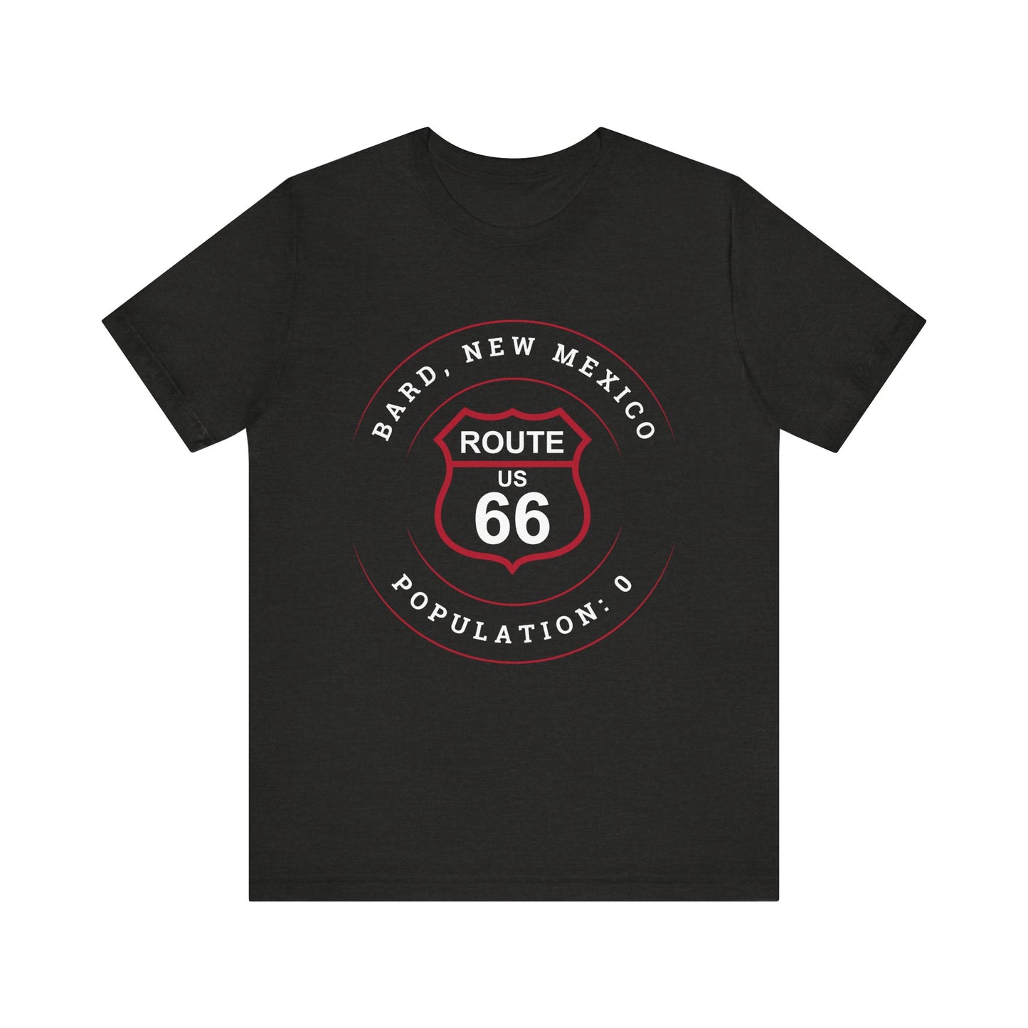 Black heather retro Route 66 unisex jersey tee with Bard, NM: Population: 0 graphic