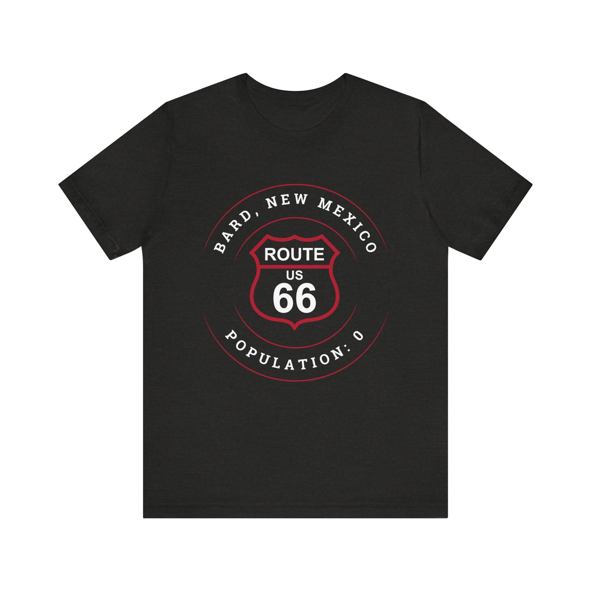 Black heather retro Route 66 unisex jersey tee with Bard, NM: Population: 0 graphic