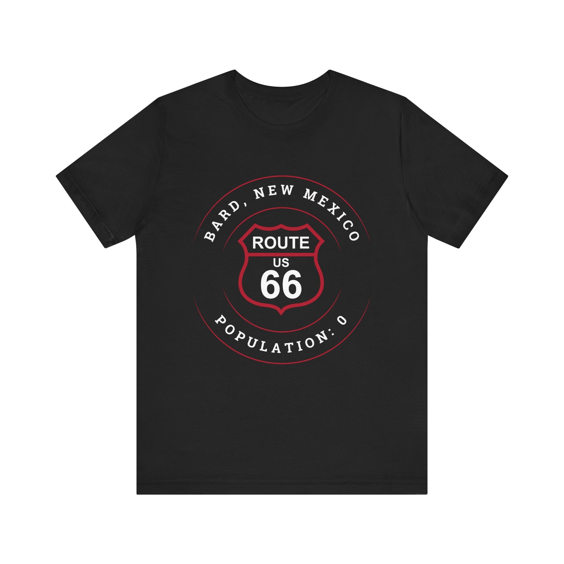 Black retro Route 66 unisex jersey tee with Bard, NM: Population: 0 graphic