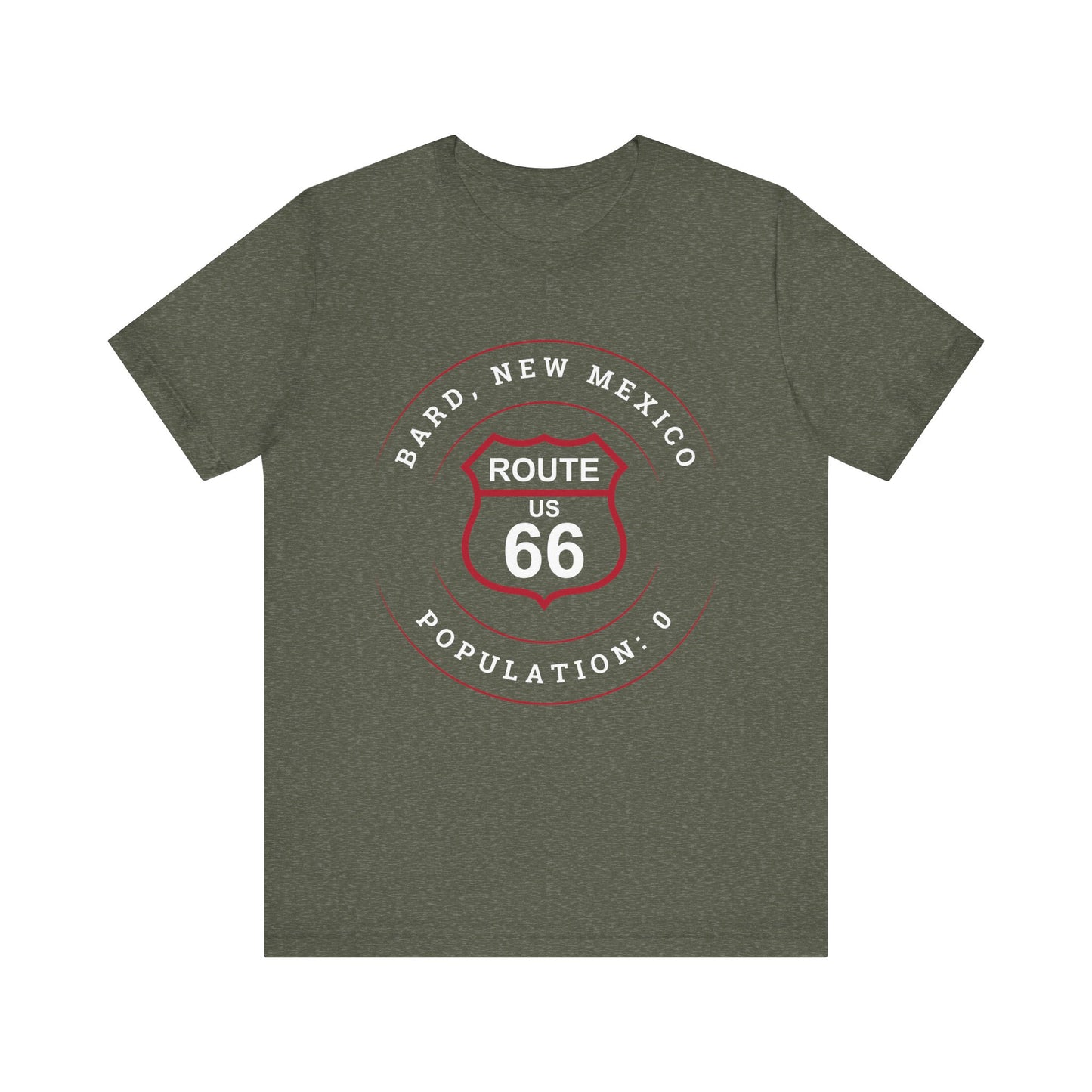 Heather military green retro Route 66 unisex jersey tee with Bard, NM: Population: 0 graphic