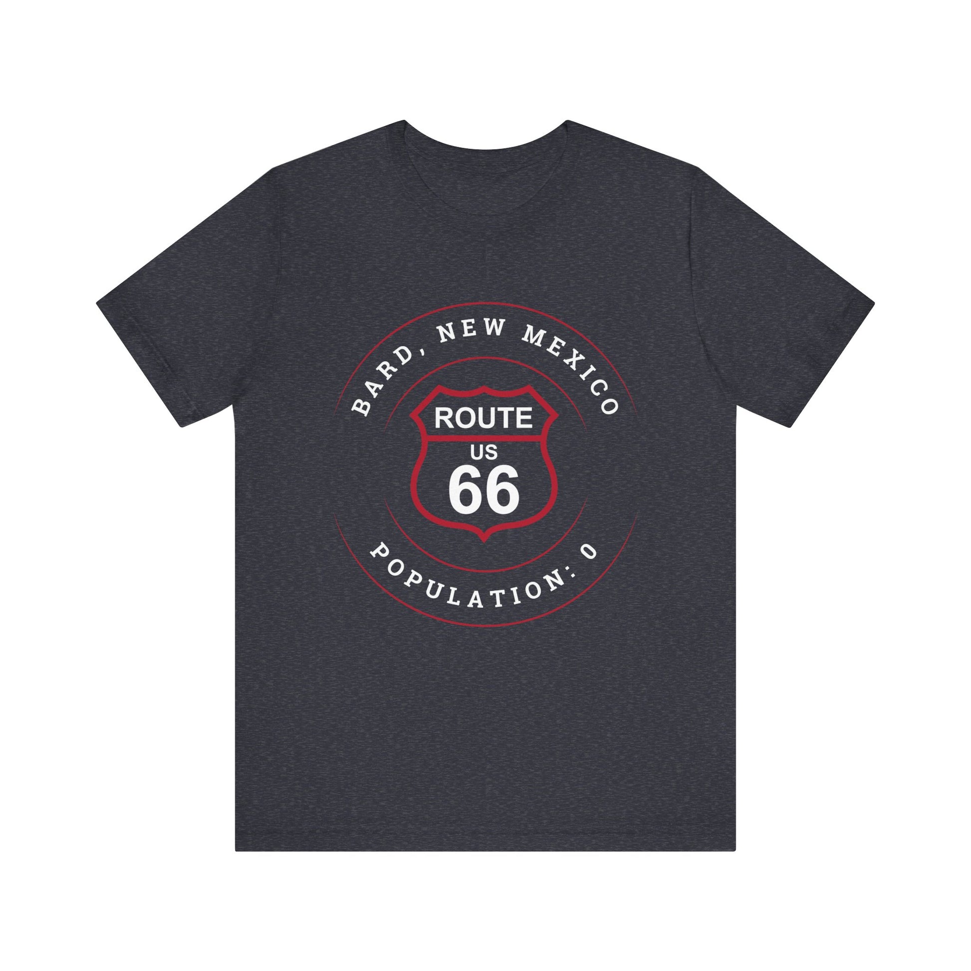 Heather navy retro Route 66 unisex jersey tee with Bard, NM: Population: 0 graphic