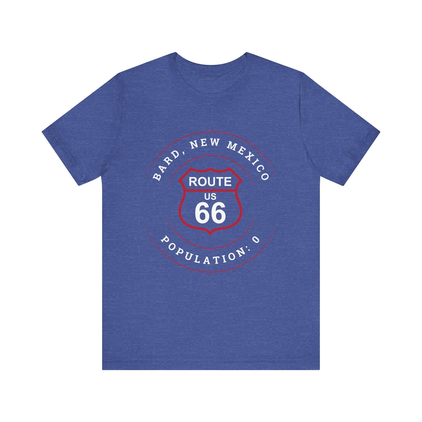 Heather true royal retro Route 66 unisex jersey tee with Bard, NM: Population: 0 graphic