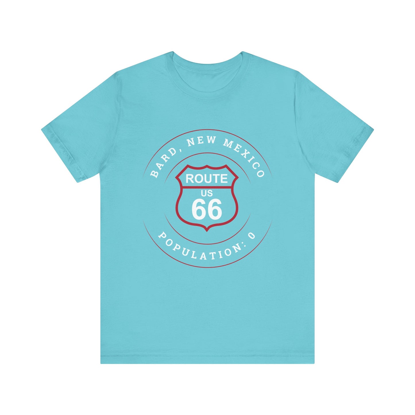Turquoise retro Route 66 unisex jersey tee with Bard, NM: Population: 0 graphic