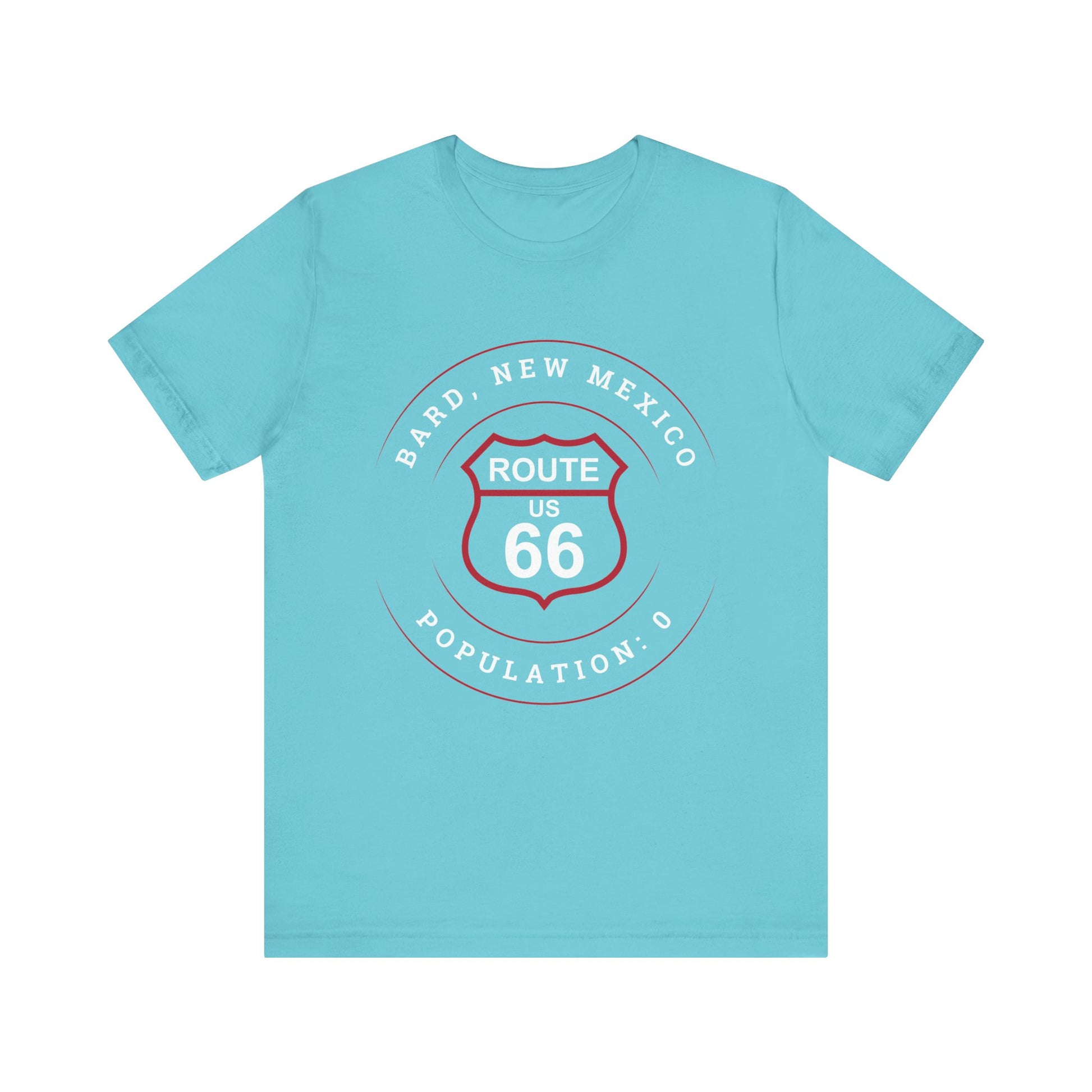 Turquoise retro Route 66 unisex jersey tee with Bard, NM: Population: 0 graphic