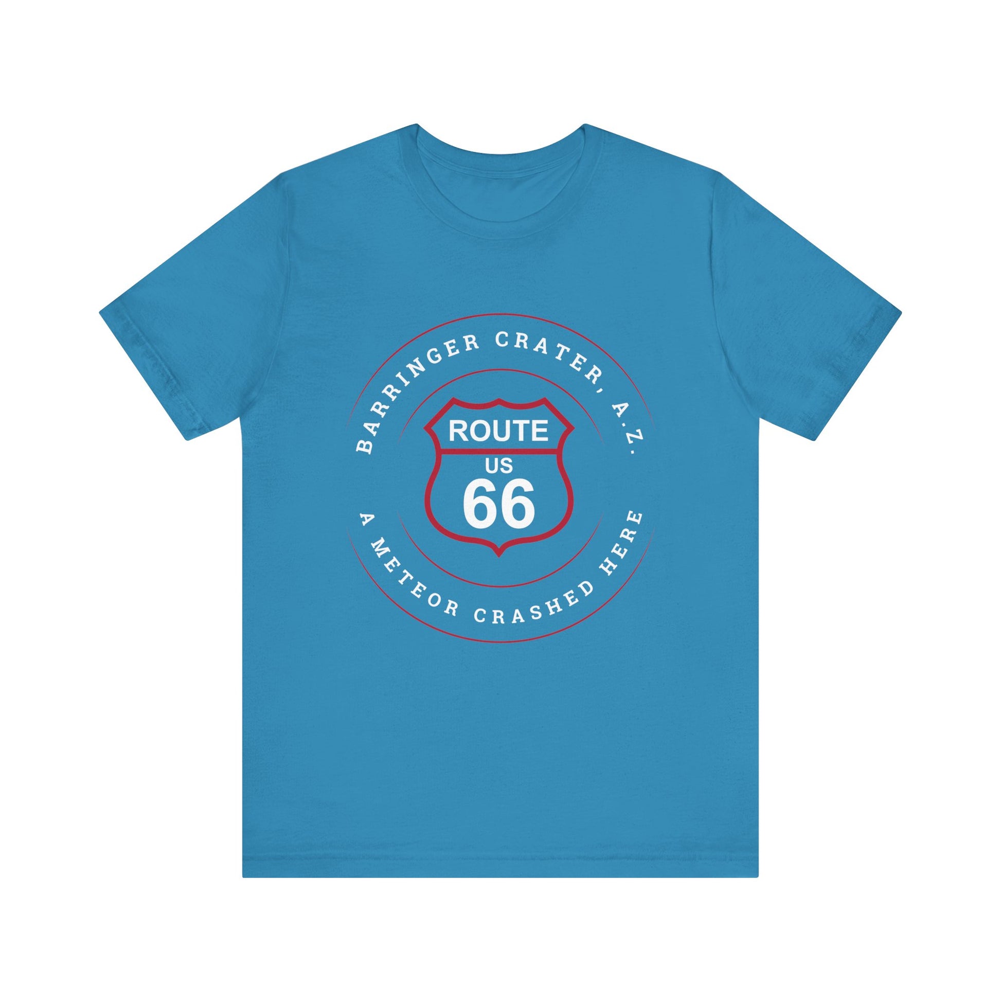 Aqua retro Route 66 unisex jersey tee with Barringer Crater, AZ: "A Meteor Crashed Here" design