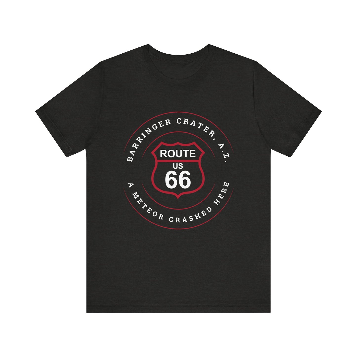 Black heather retro Route 66 unisex jersey tee with Barringer Crater, AZ: "A Meteor Crashed Here" design
