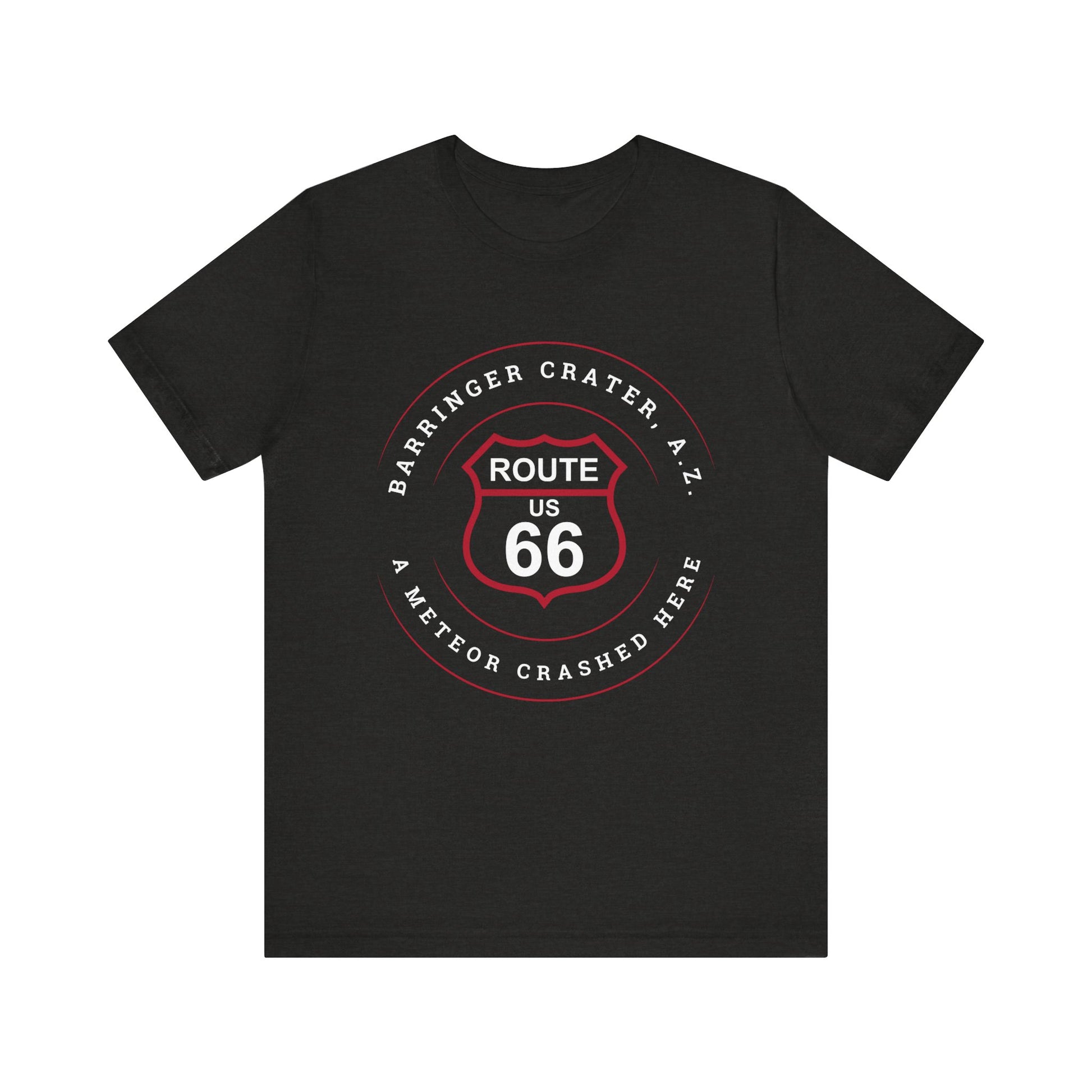 Black heather retro Route 66 unisex jersey tee with Barringer Crater, AZ: "A Meteor Crashed Here" design