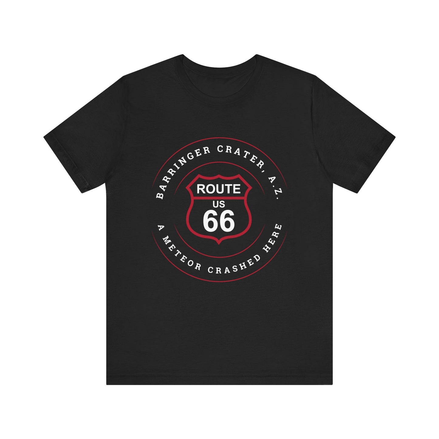 Black retro Route 66 unisex jersey tee with Barringer Crater, AZ: "A Meteor Crashed Here" design