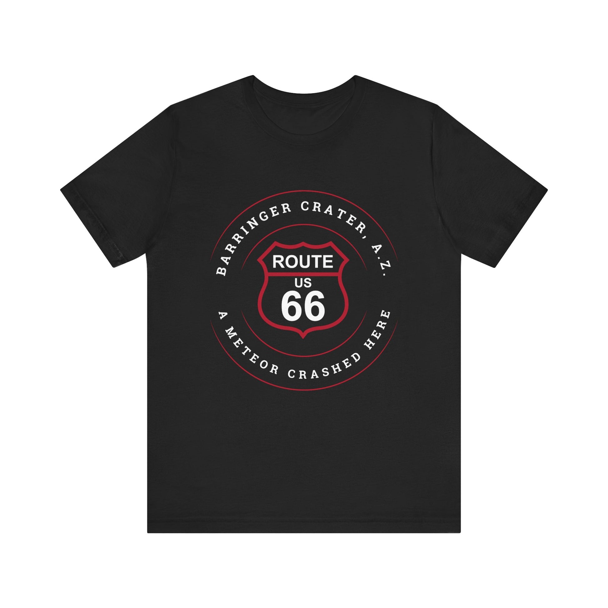 Black retro Route 66 unisex jersey tee with Barringer Crater, AZ: "A Meteor Crashed Here" design