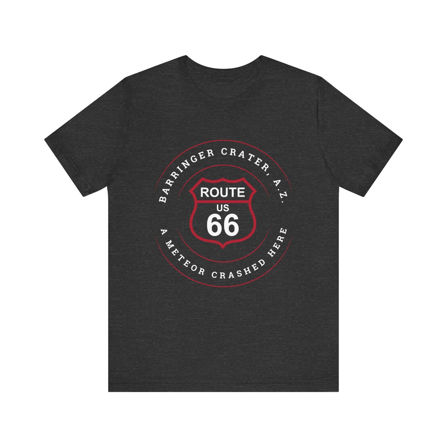 Dark grey heather retro Route 66 unisex jersey tee with Barringer Crater, AZ: "A Meteor Crashed Here" design