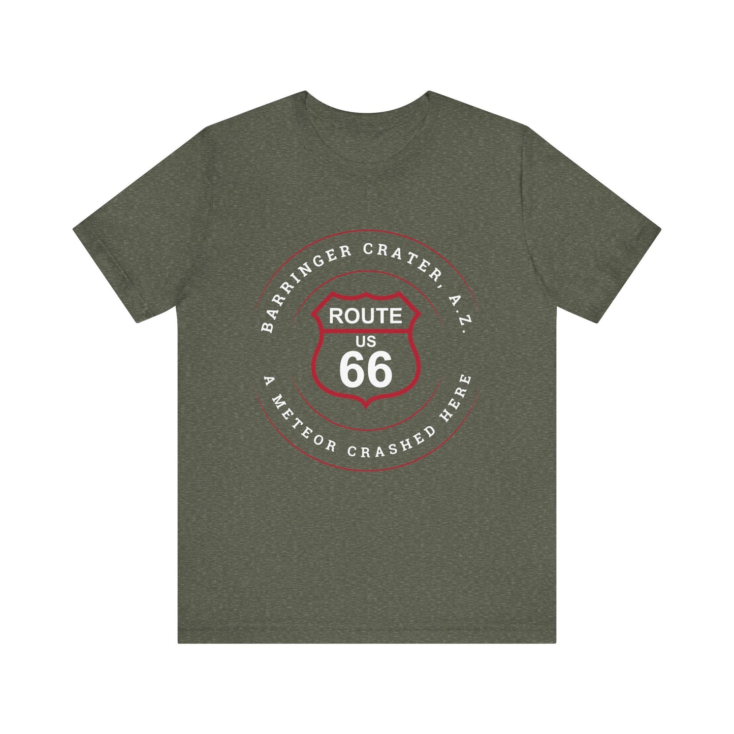 Heather military green retro Route 66 unisex jersey tee with Barringer Crater, AZ: "A Meteor Crashed Here" design