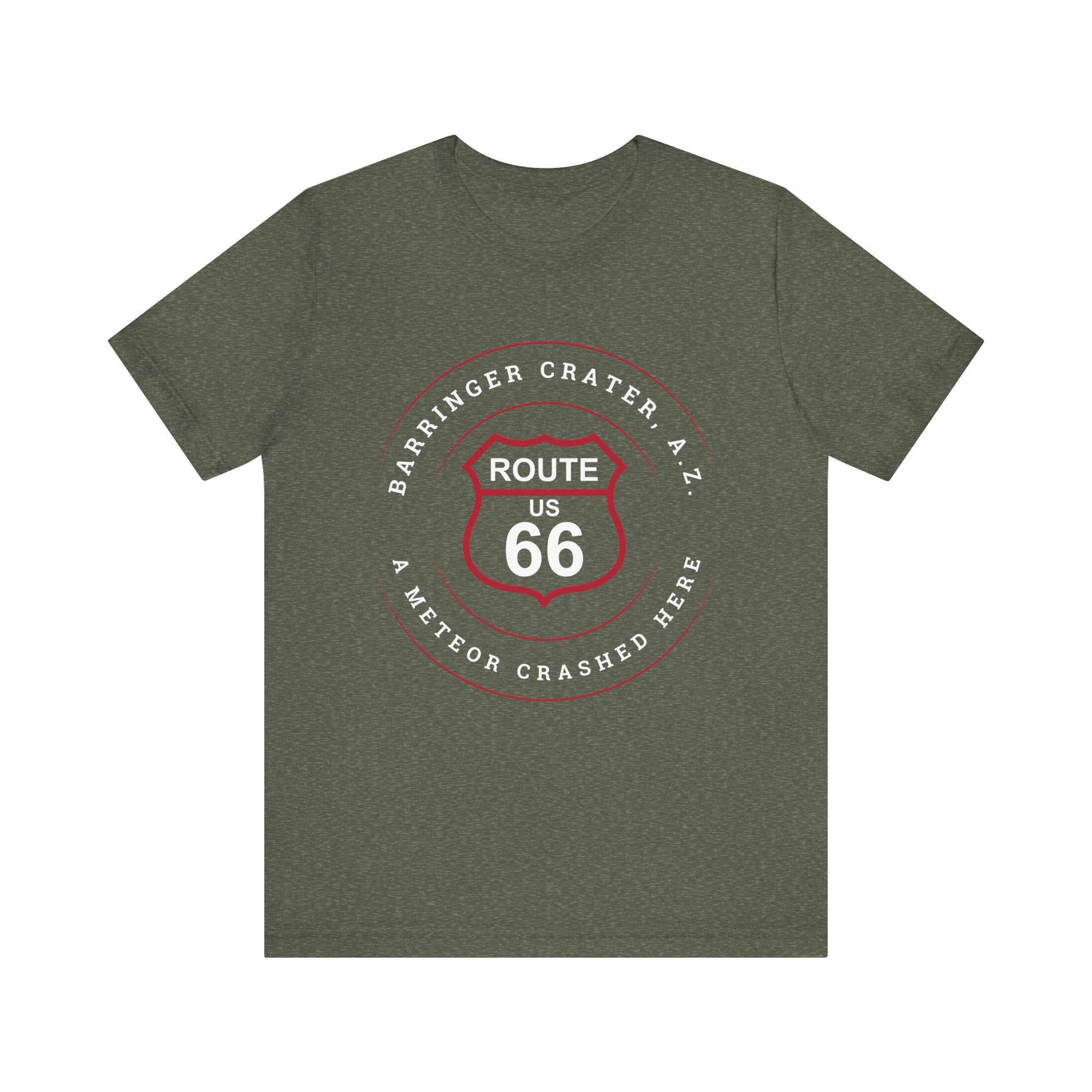 Heather military green retro Route 66 unisex jersey tee with Barringer Crater, AZ: "A Meteor Crashed Here" design