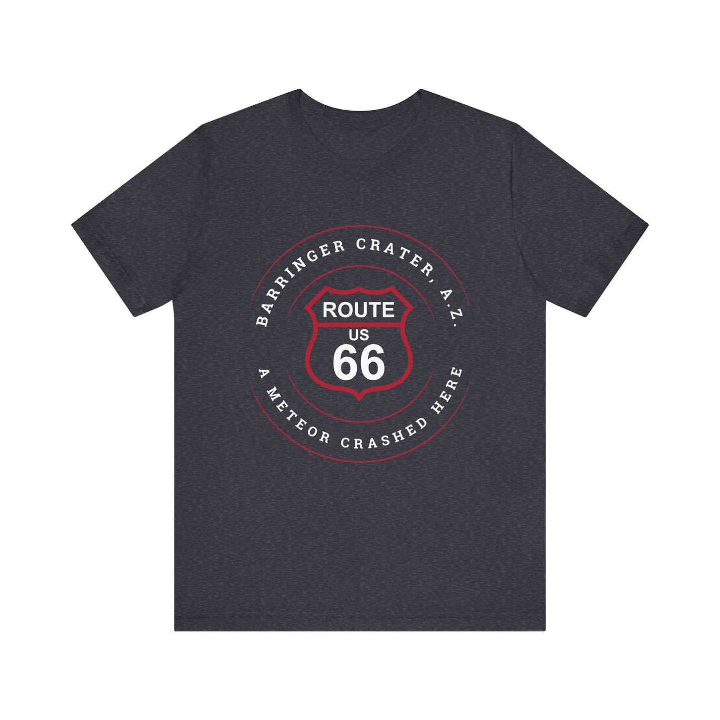 Heather navy retro Route 66 unisex jersey tee with Barringer Crater, AZ: "A Meteor Crashed Here" design