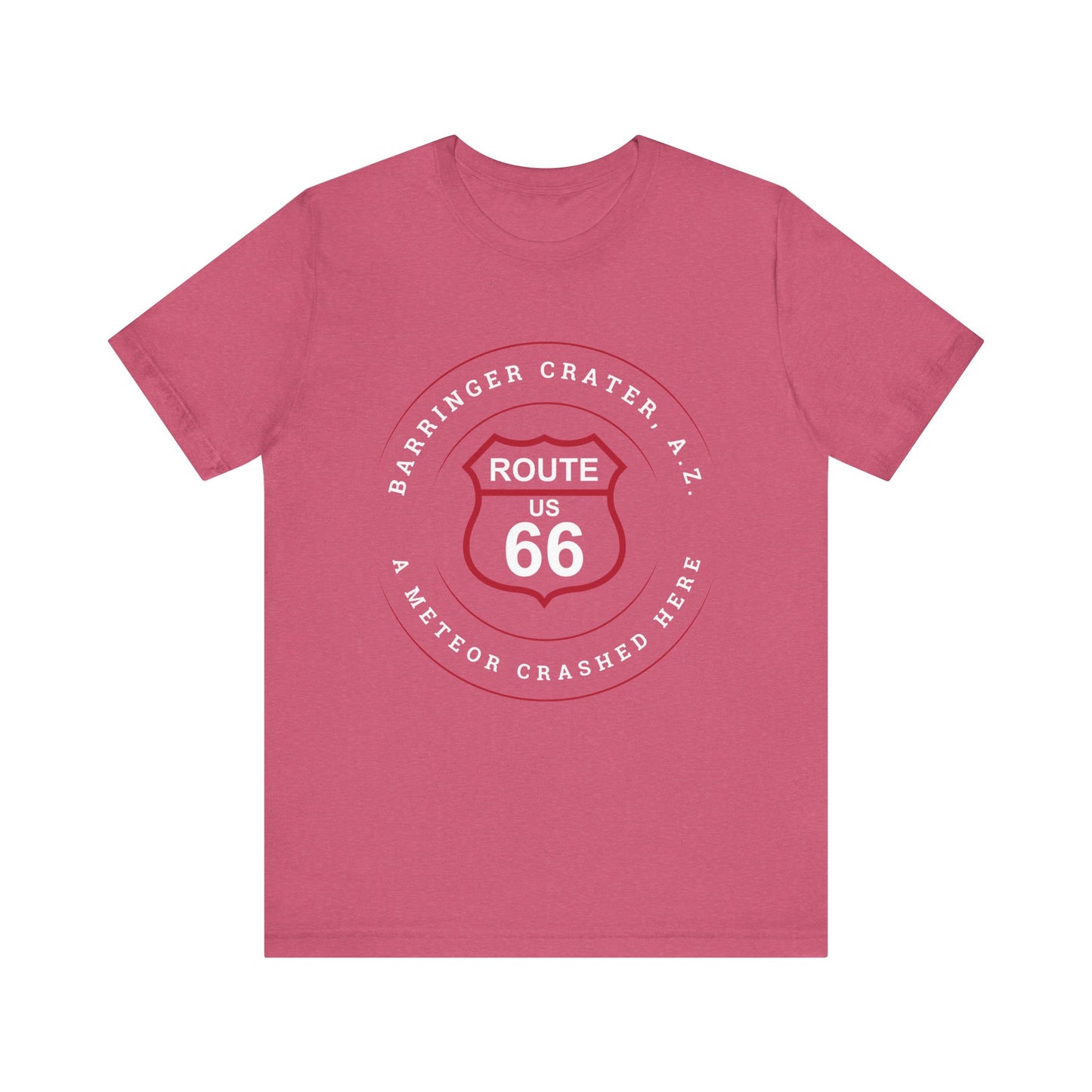 Heather raspberry retro Route 66 unisex jersey tee with Barringer Crater, AZ: "A Meteor Crashed Here" design
