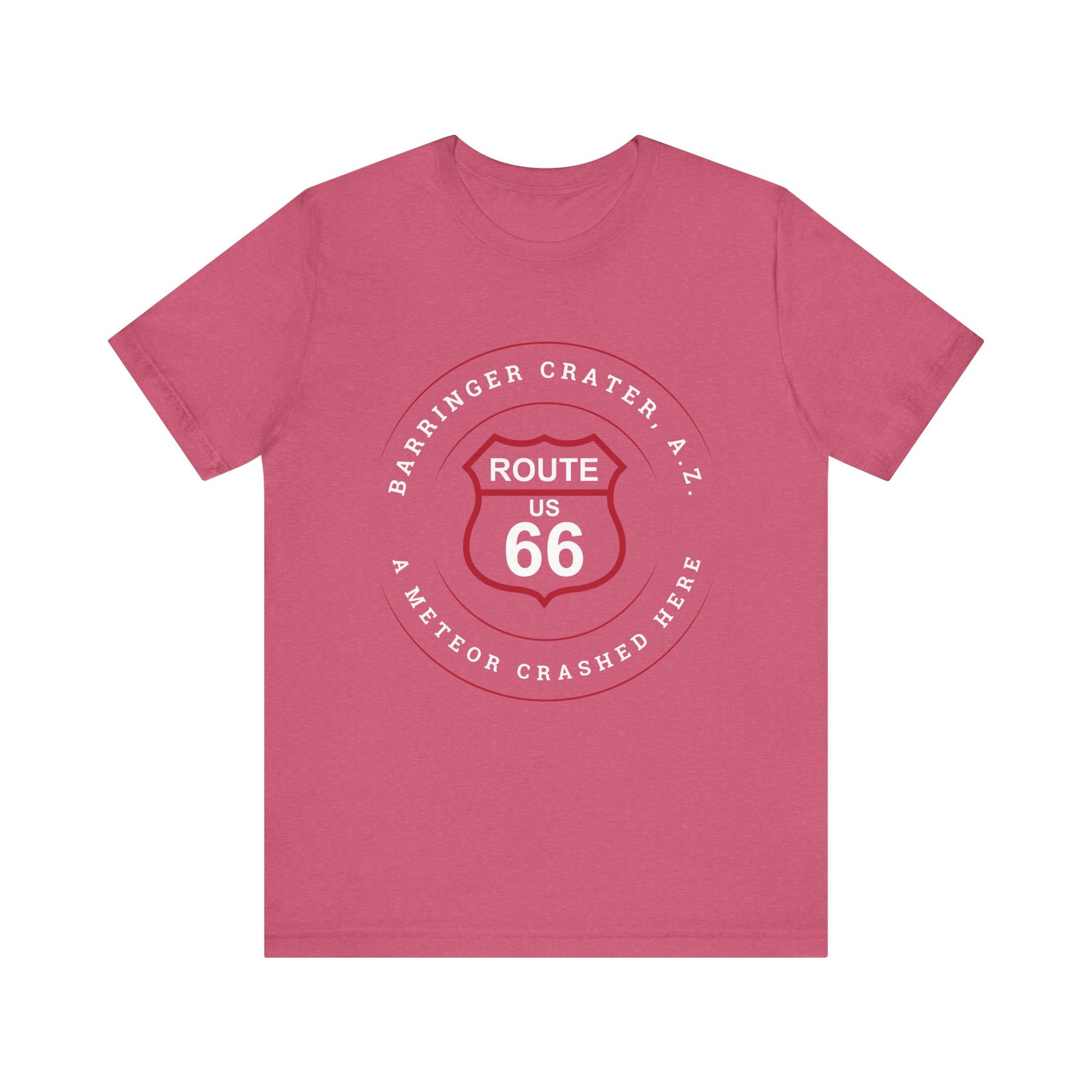 Heather raspberry retro Route 66 unisex jersey tee with Barringer Crater, AZ: "A Meteor Crashed Here" design