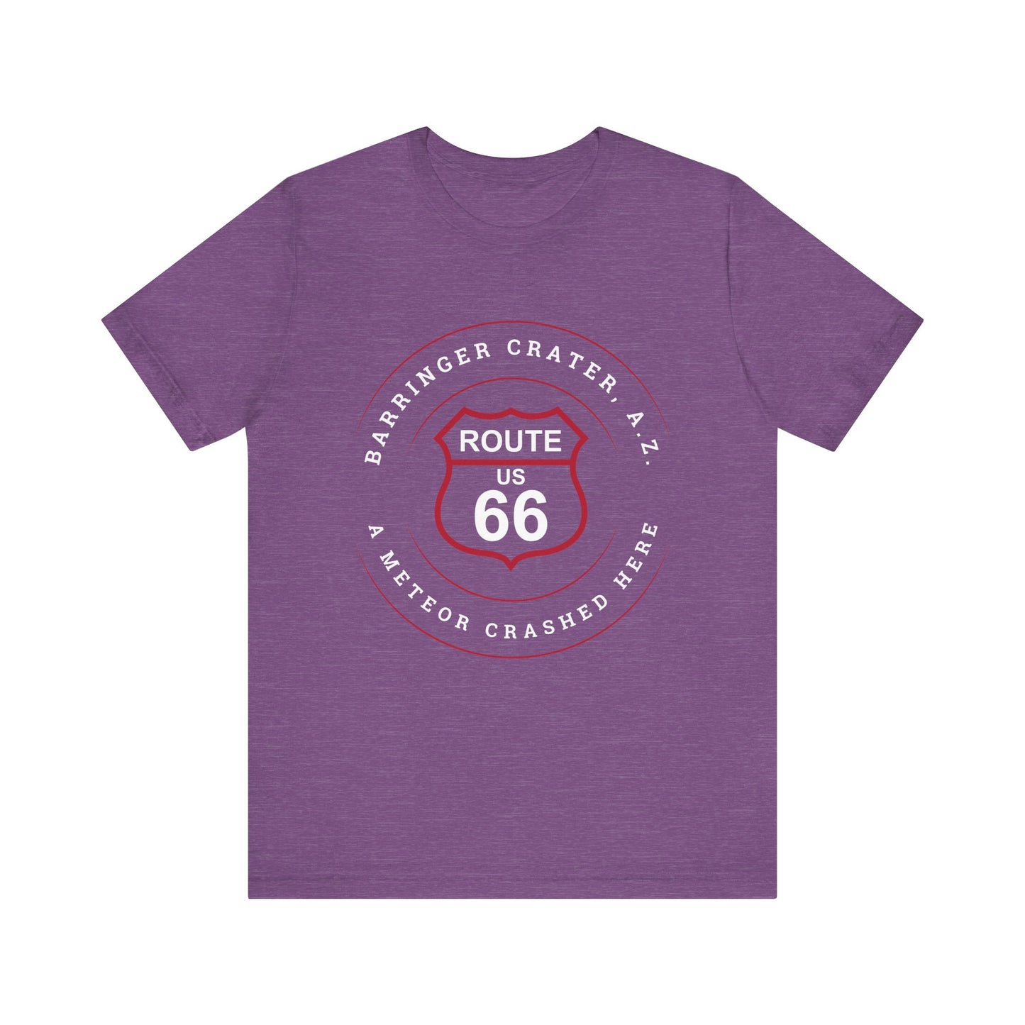 Heather team purple retro Route 66 unisex jersey tee with Barringer Crater, AZ: "A Meteor Crashed Here" design
