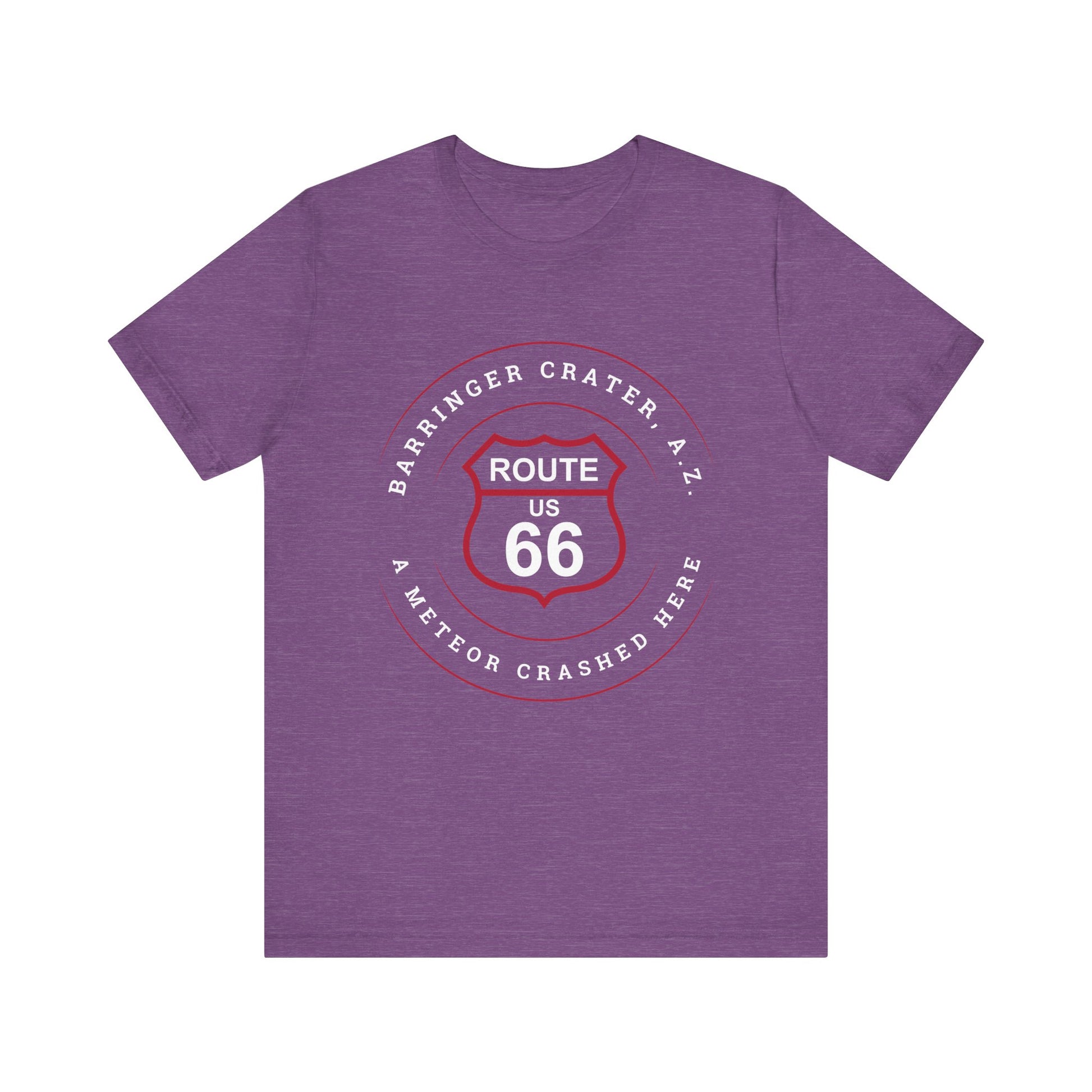 Heather team purple retro Route 66 unisex jersey tee with Barringer Crater, AZ: "A Meteor Crashed Here" design