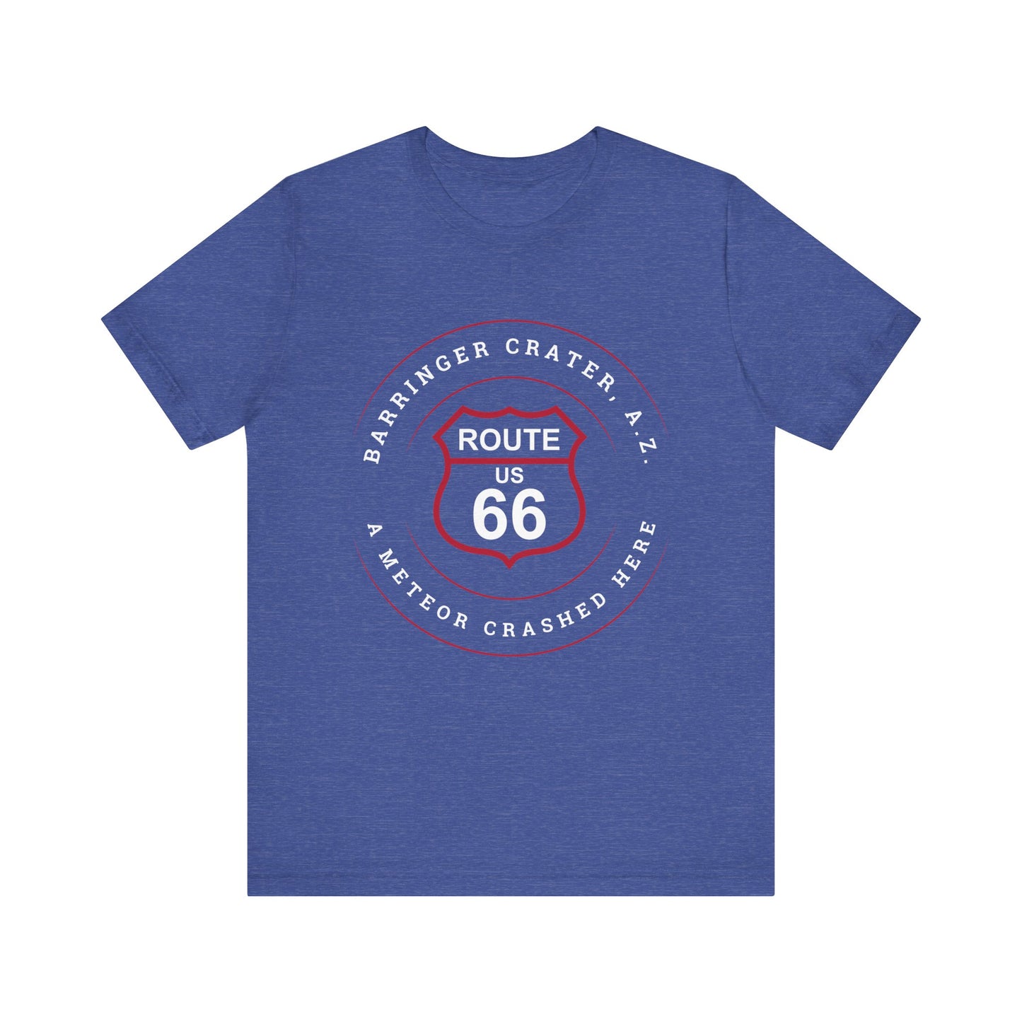 Heather true royal retro Route 66 unisex jersey tee with Barringer Crater, AZ: "A Meteor Crashed Here" design