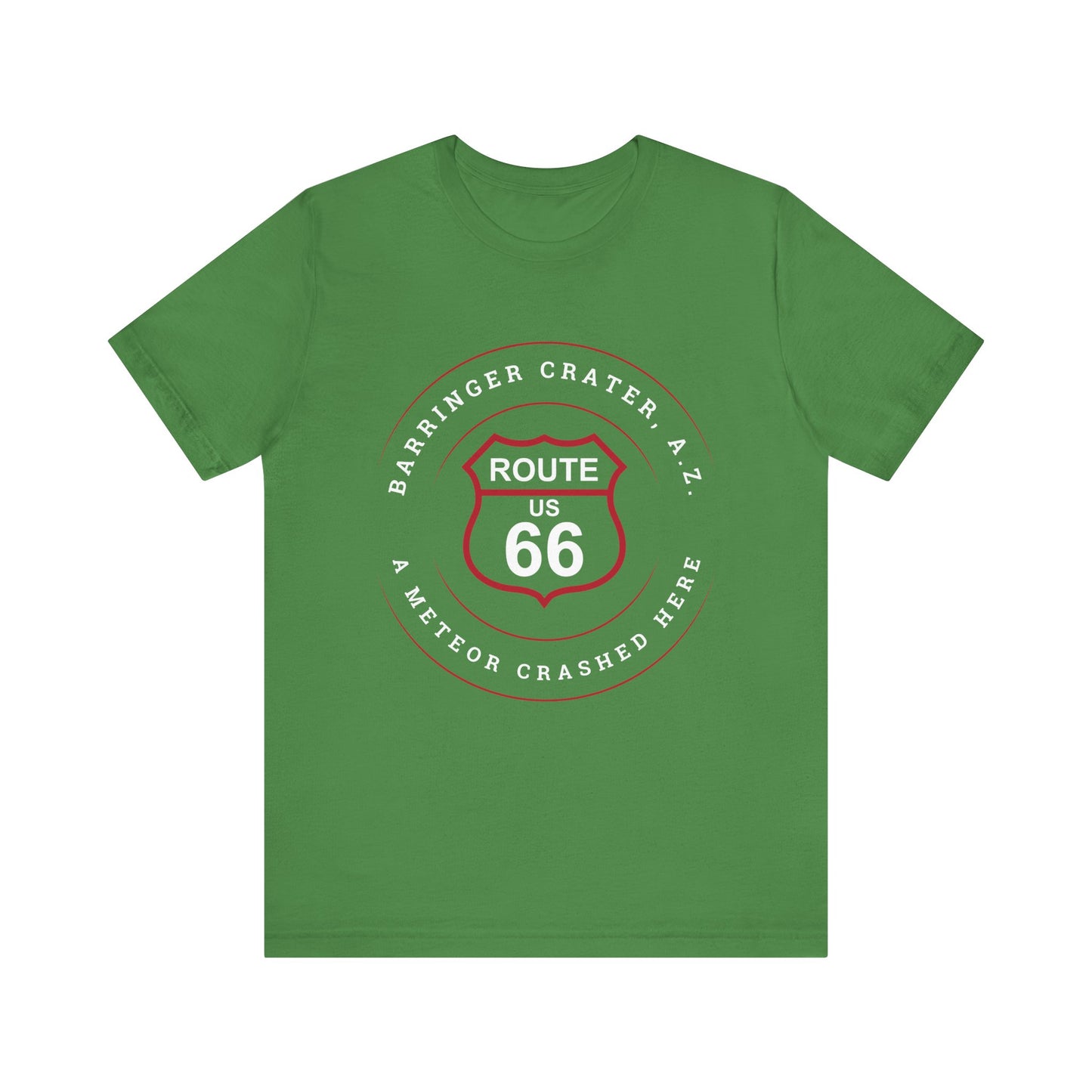 Leaf retro Route 66 unisex jersey tee with Barringer Crater, AZ: "A Meteor Crashed Here" design