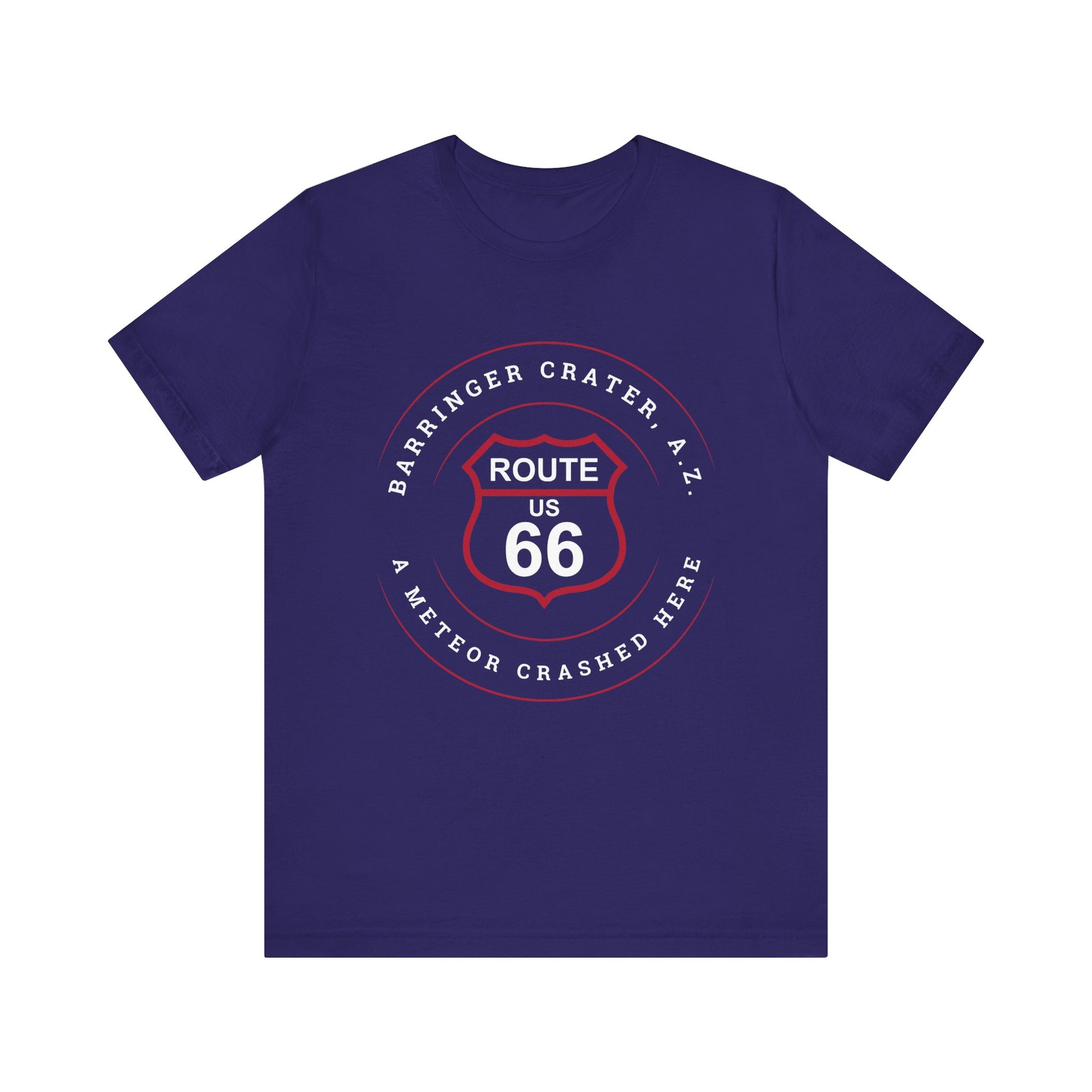 Team navy retro Route 66 unisex jersey tee with Barringer Crater, AZ: "A Meteor Crashed Here" design