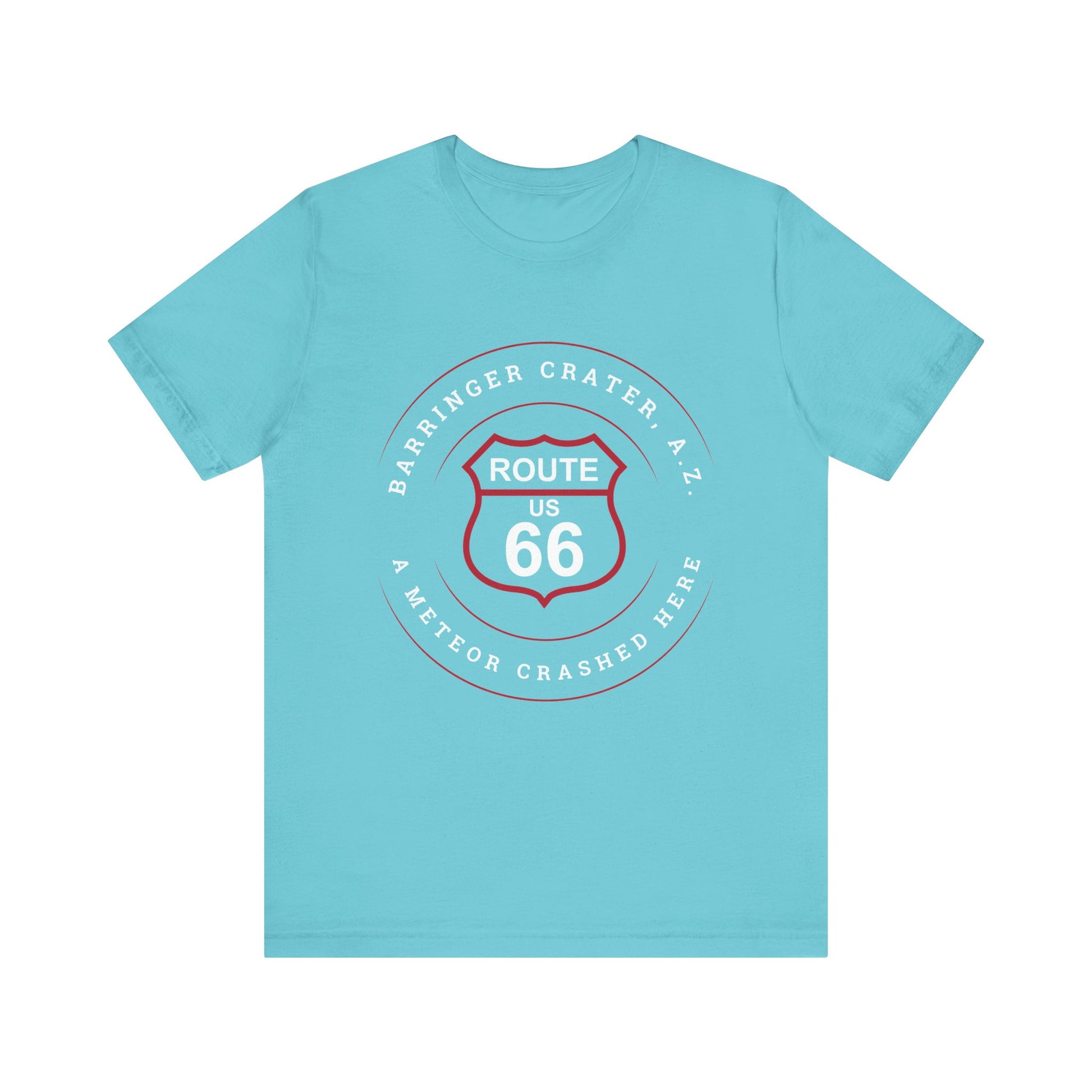 Turquoise retro Route 66 unisex jersey tee with Barringer Crater, AZ: "A Meteor Crashed Here" design