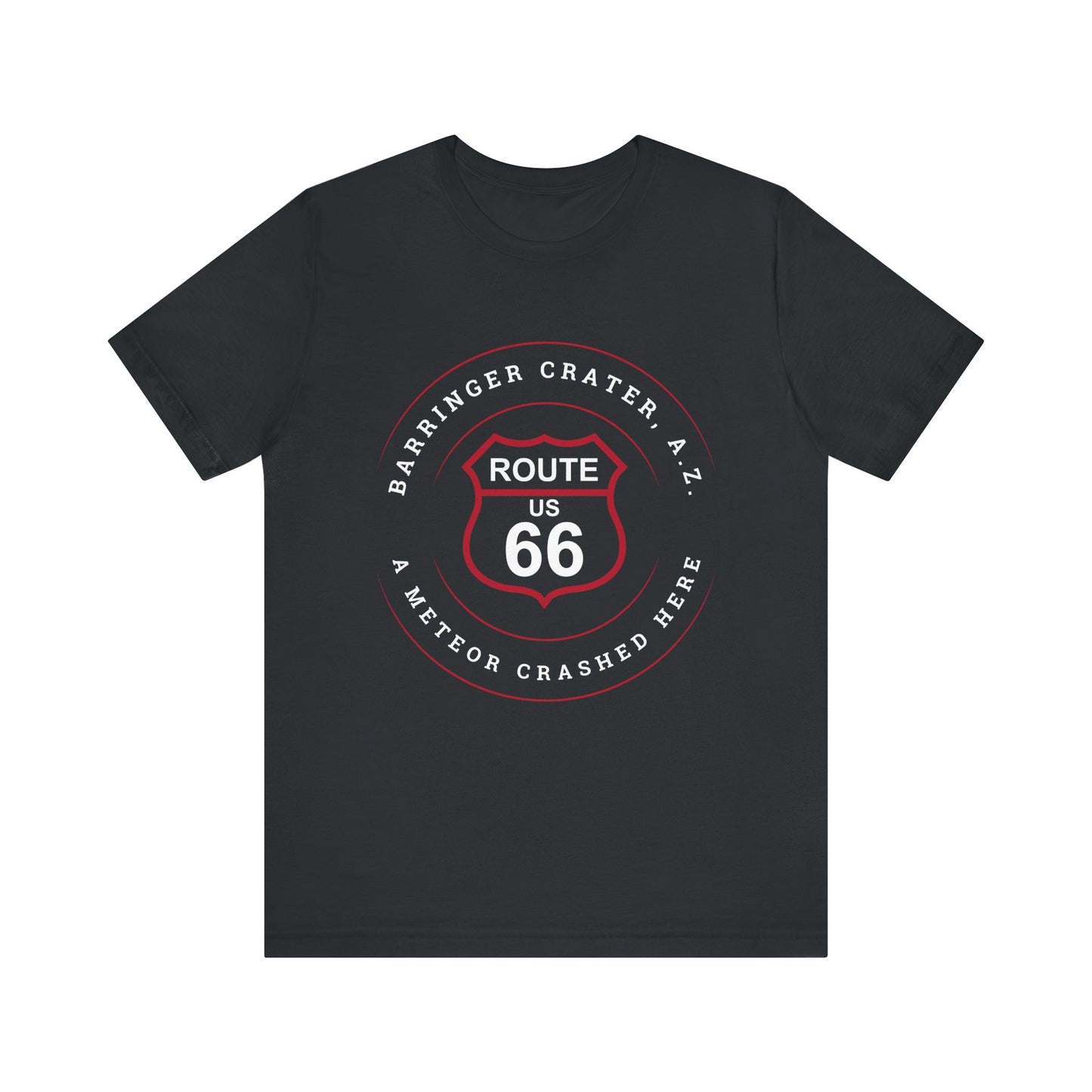 Vintage black retro Route 66 unisex jersey tee with Barringer Crater, AZ: "A Meteor Crashed Here" design