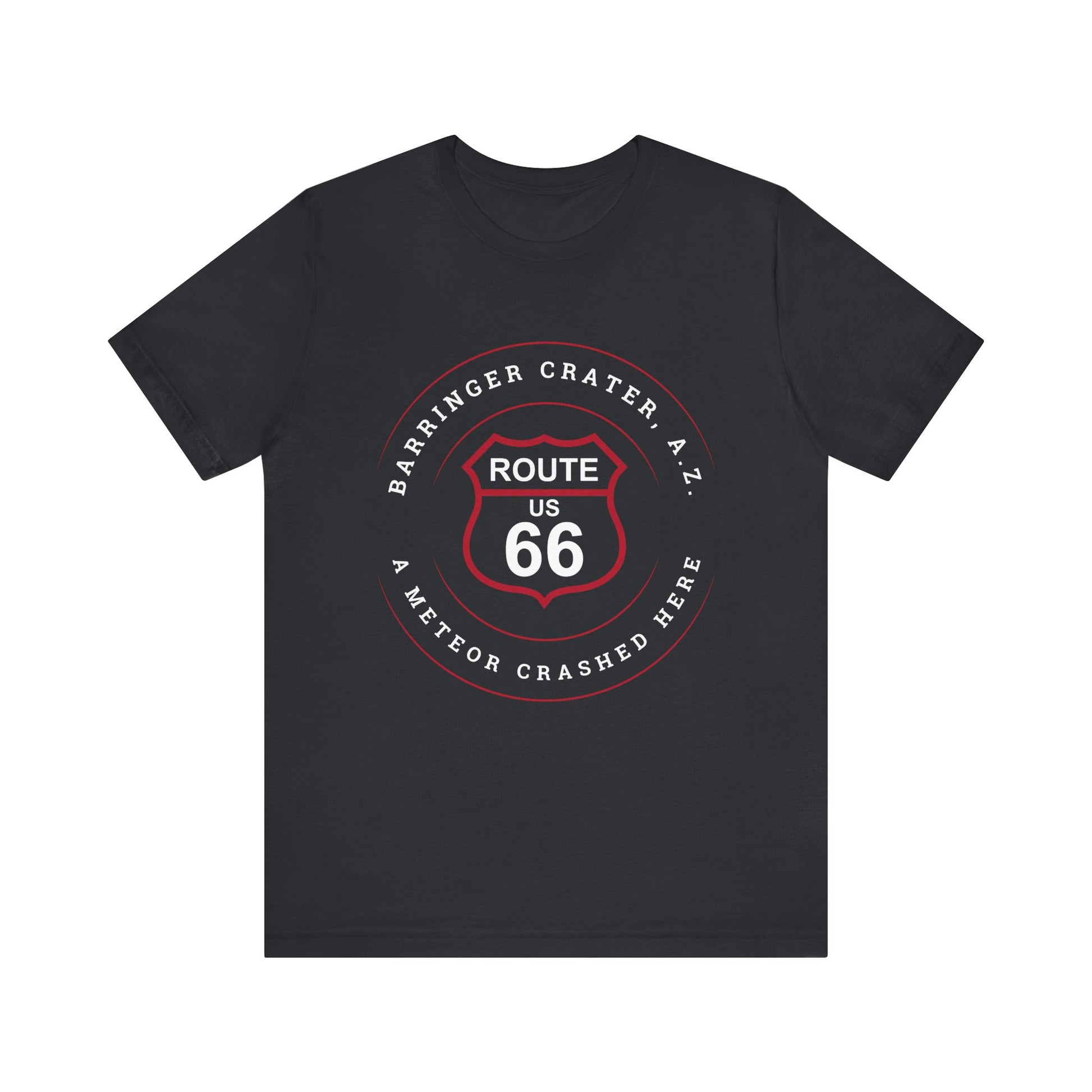 Vintage black retro Route 66 unisex jersey tee with Barringer Crater, AZ: "A Meteor Crashed Here" design