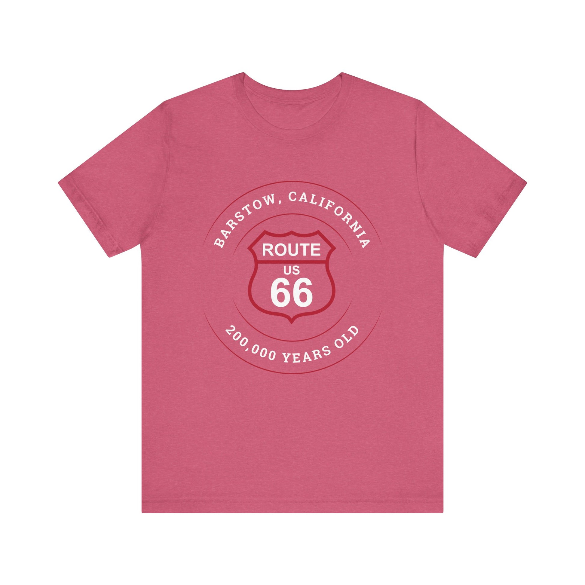 Heather raspberry retro Route 66 unisex jersey tee with Barstow, CA: "200,000 Years Old" design