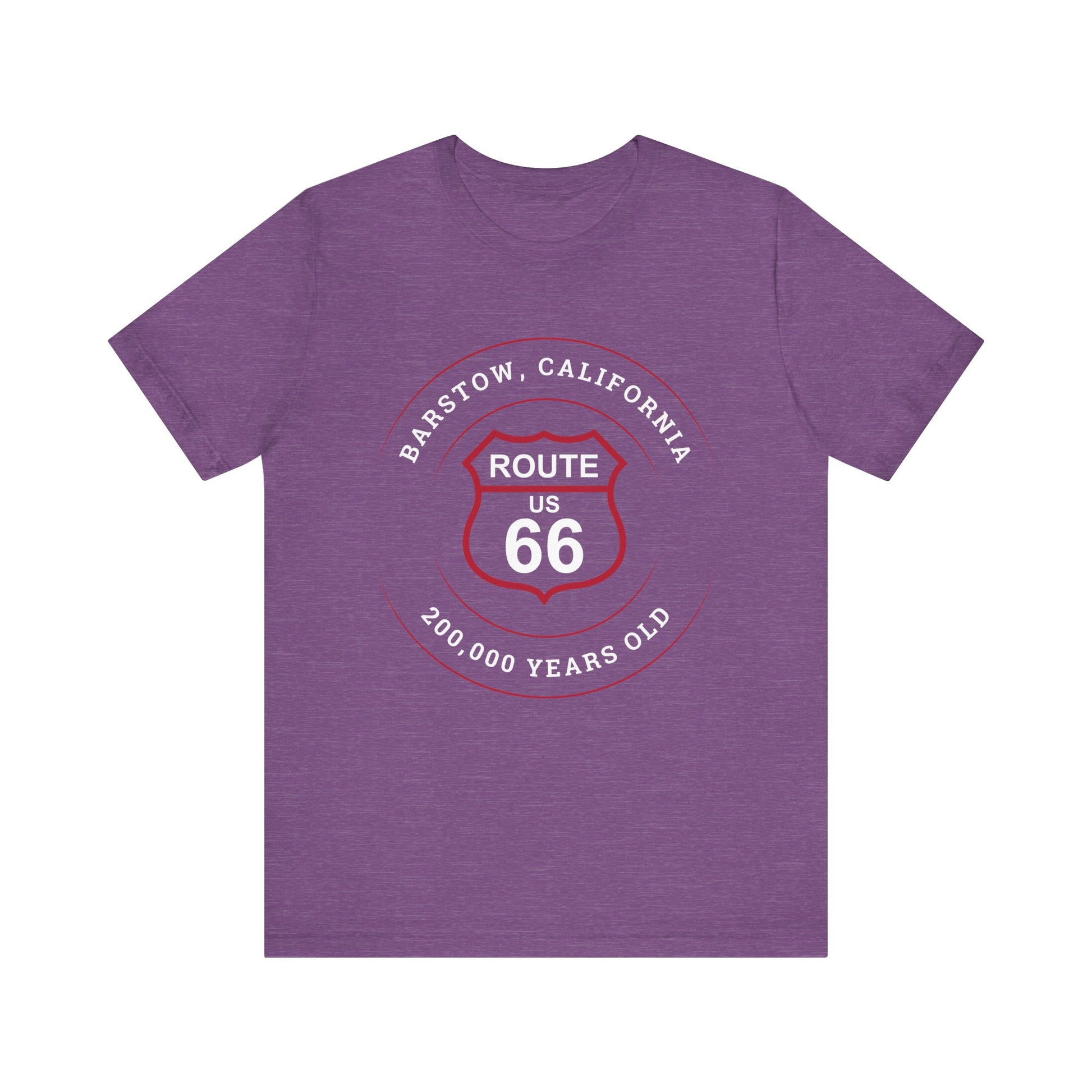 Heather team purple retro Route 66 unisex jersey tee with Barstow, CA: "200,000 Years Old" design