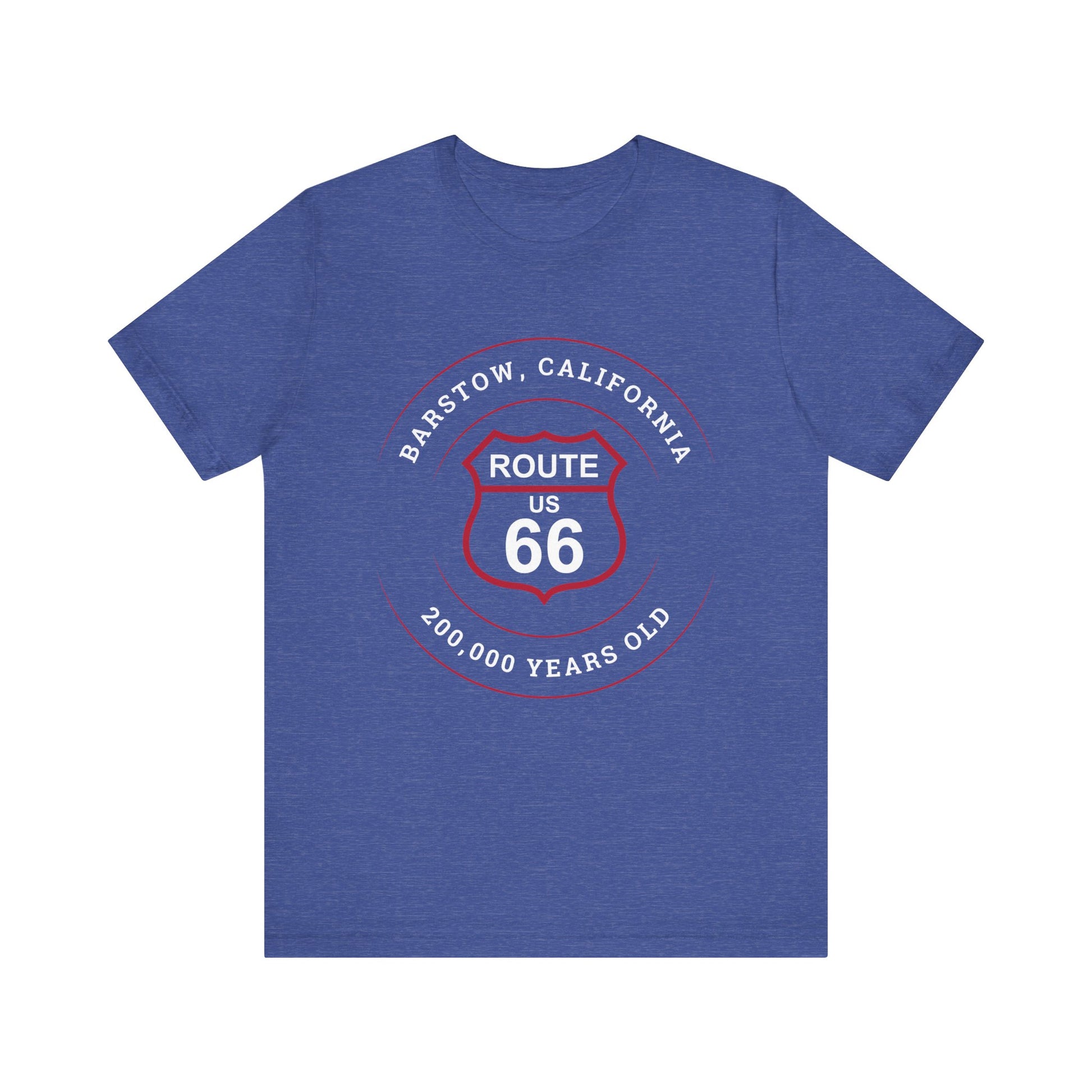 Heather true royal retro Route 66 unisex jersey tee with Barstow, CA: "200,000 Years Old" design