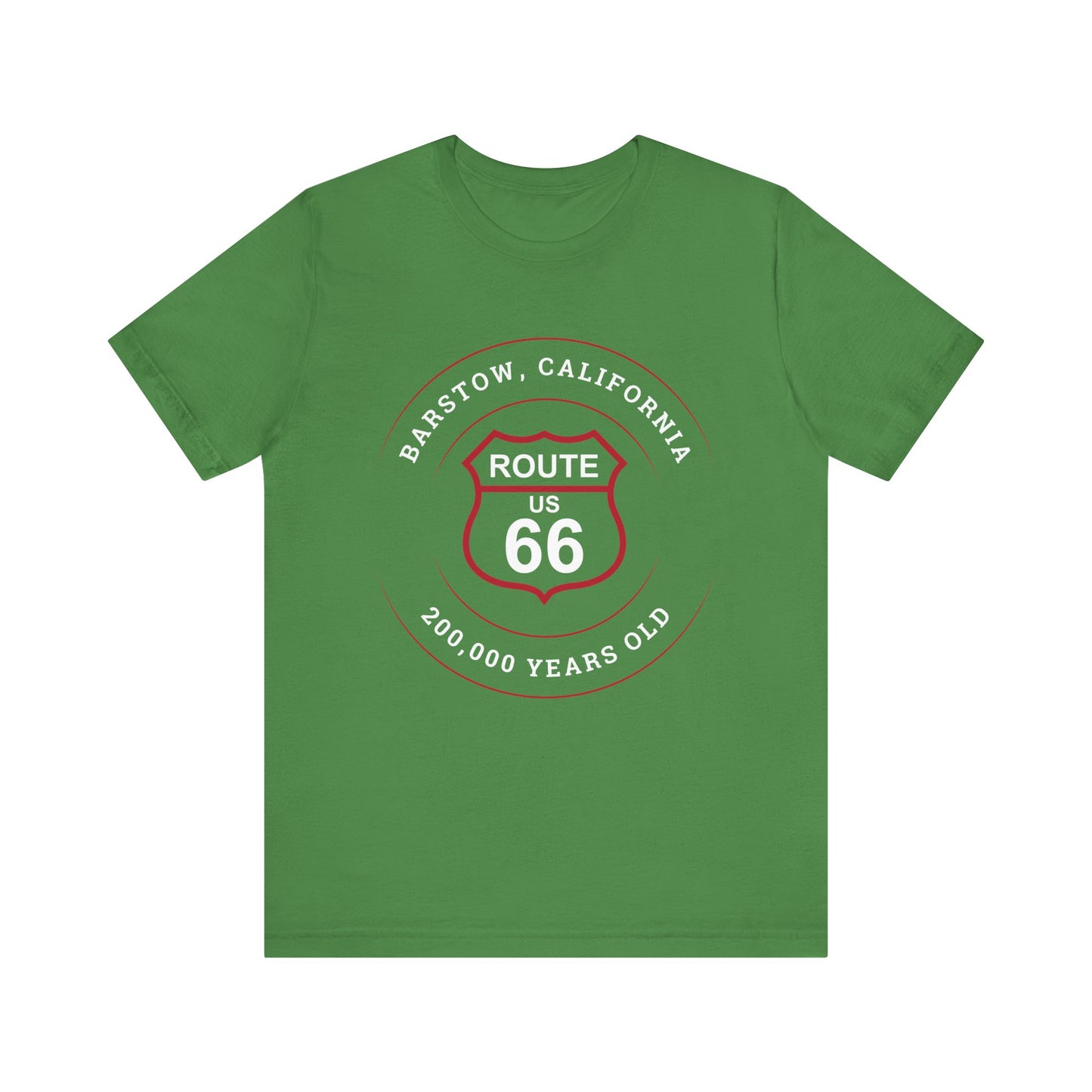 Leaf retro Route 66 unisex jersey tee with Barstow, CA: "200,000 Years Old" design