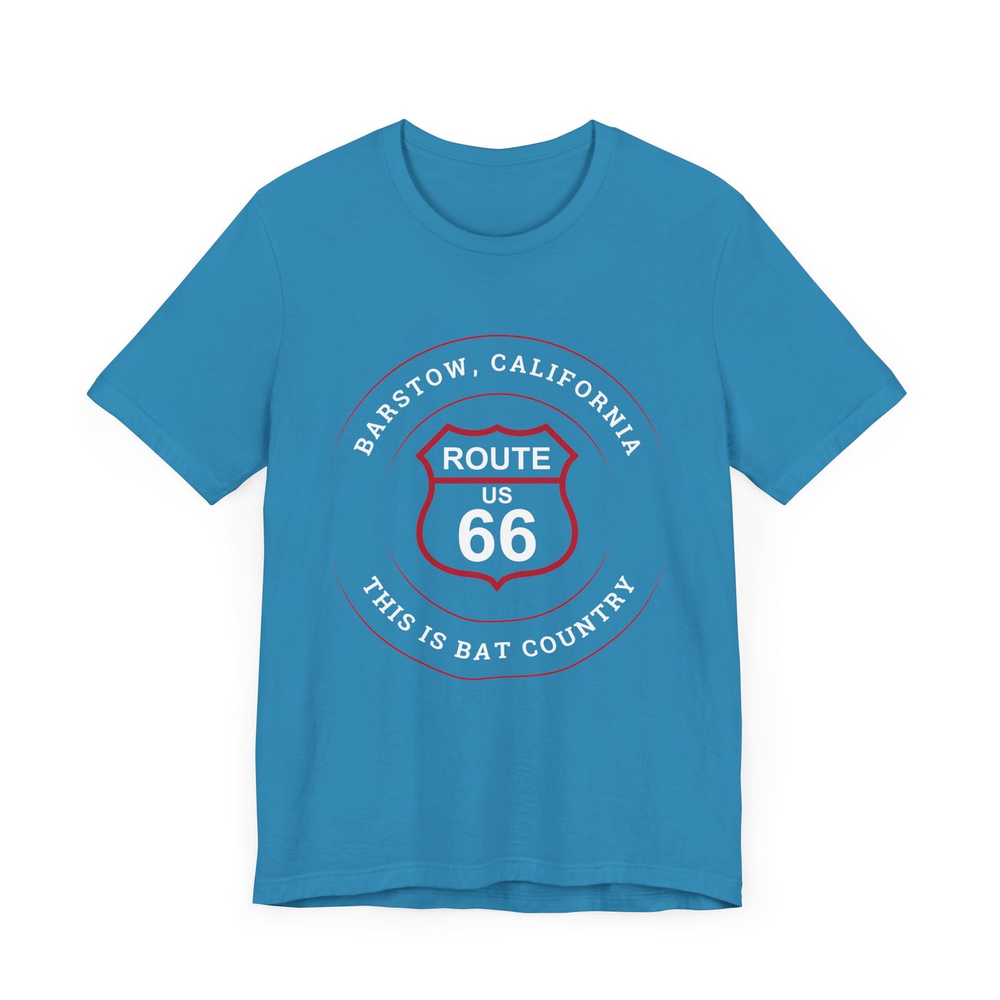 Aqua retro Route 66 unisex jersey tee with Barstow, CA: "This is Bat Country" design