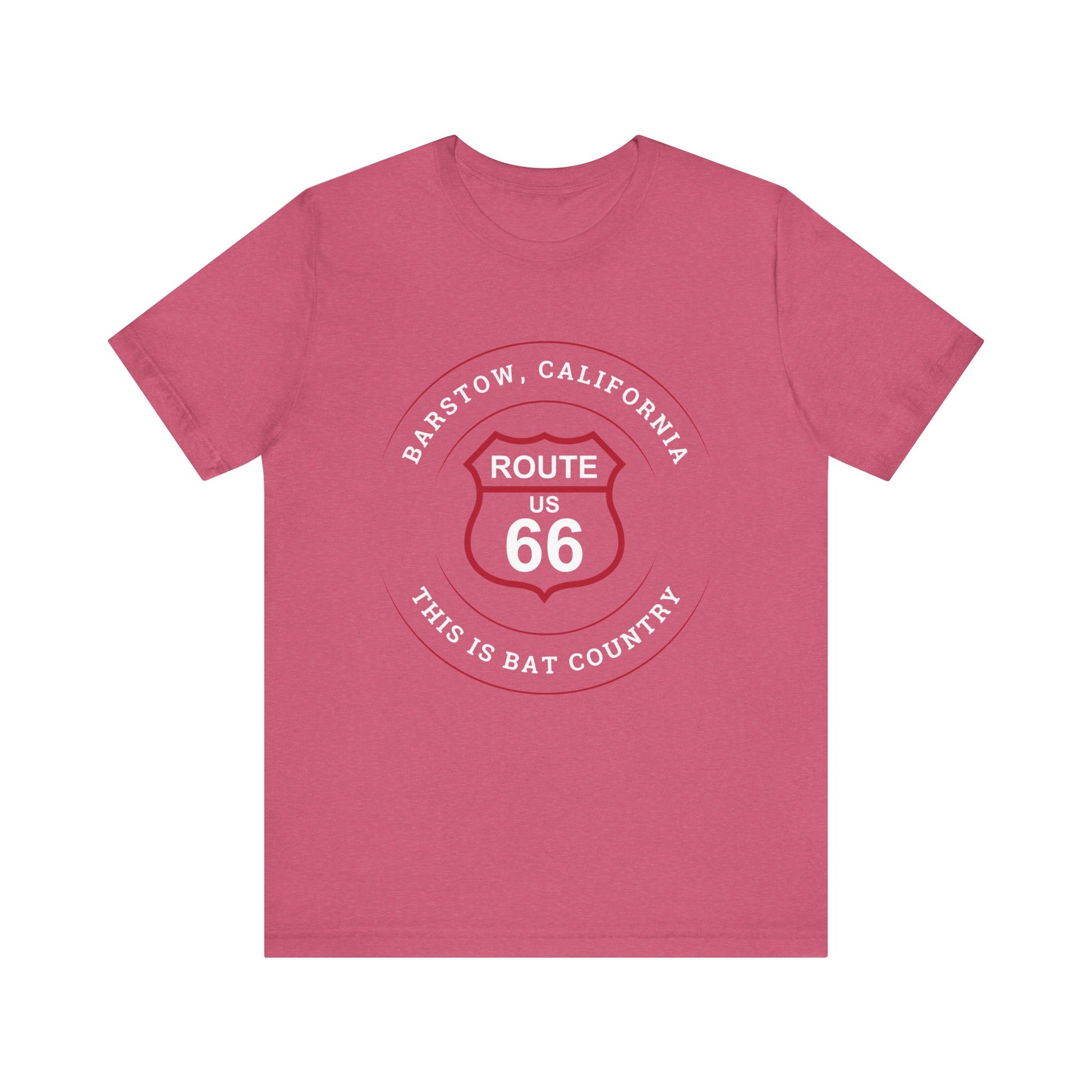 Heather raspberry retro Route 66 unisex jersey tee with Barstow, CA: "This is Bat Country" design