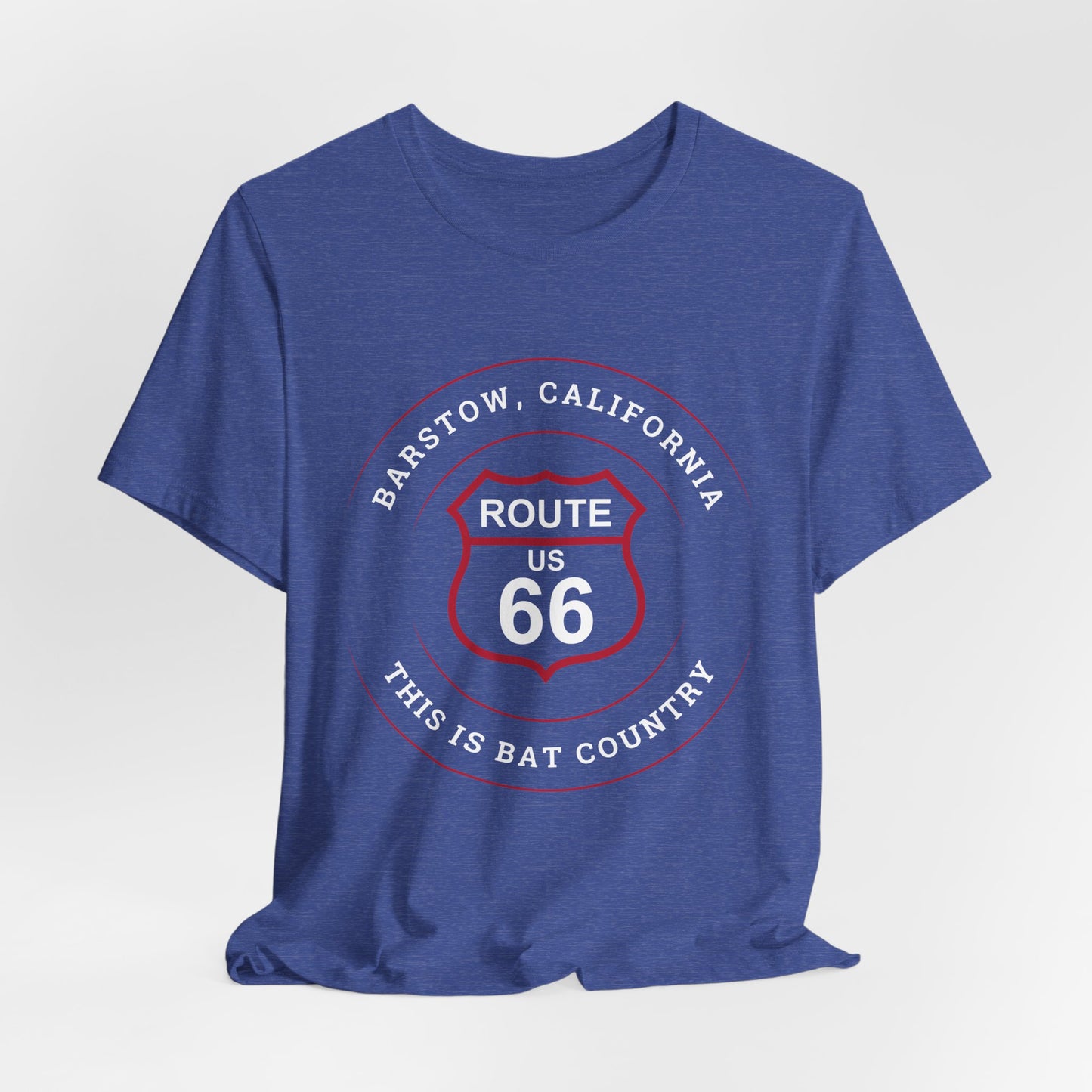Heather true royal retro Route 66 unisex jersey tee with Barstow, CA: "This is Bat Country" design