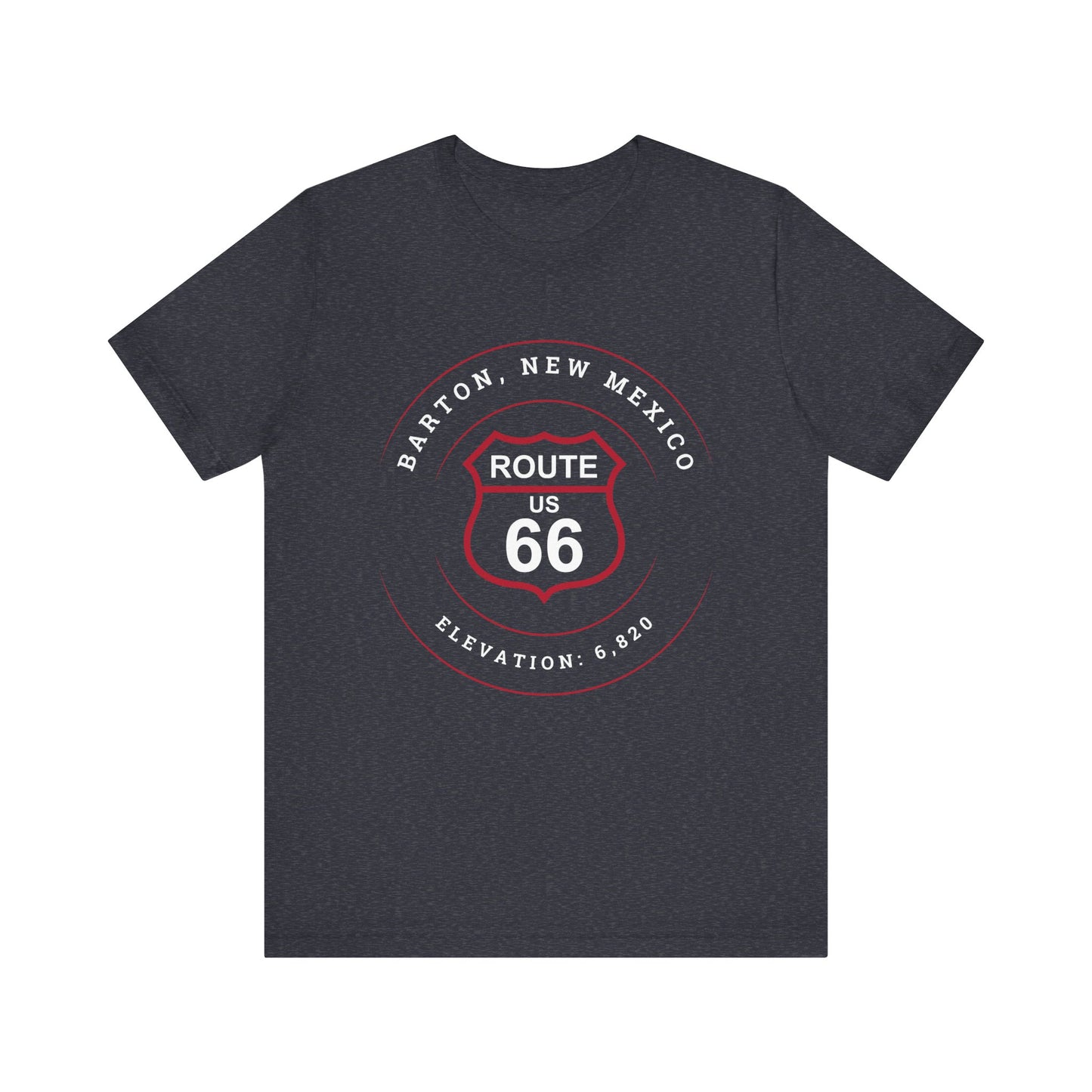 Heather navy retro Route 66 unisex jersey tee with Bard, NM: Elevation: 6,820 graphic