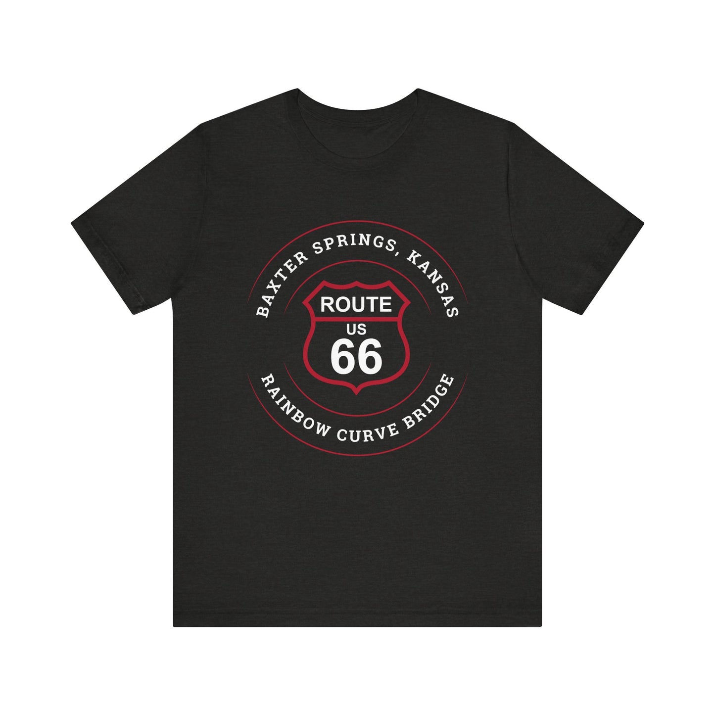 Black heather retro Route 66 unisex jersey tee with Baxter Springs, KS "Rainbow Curve Bridge" design