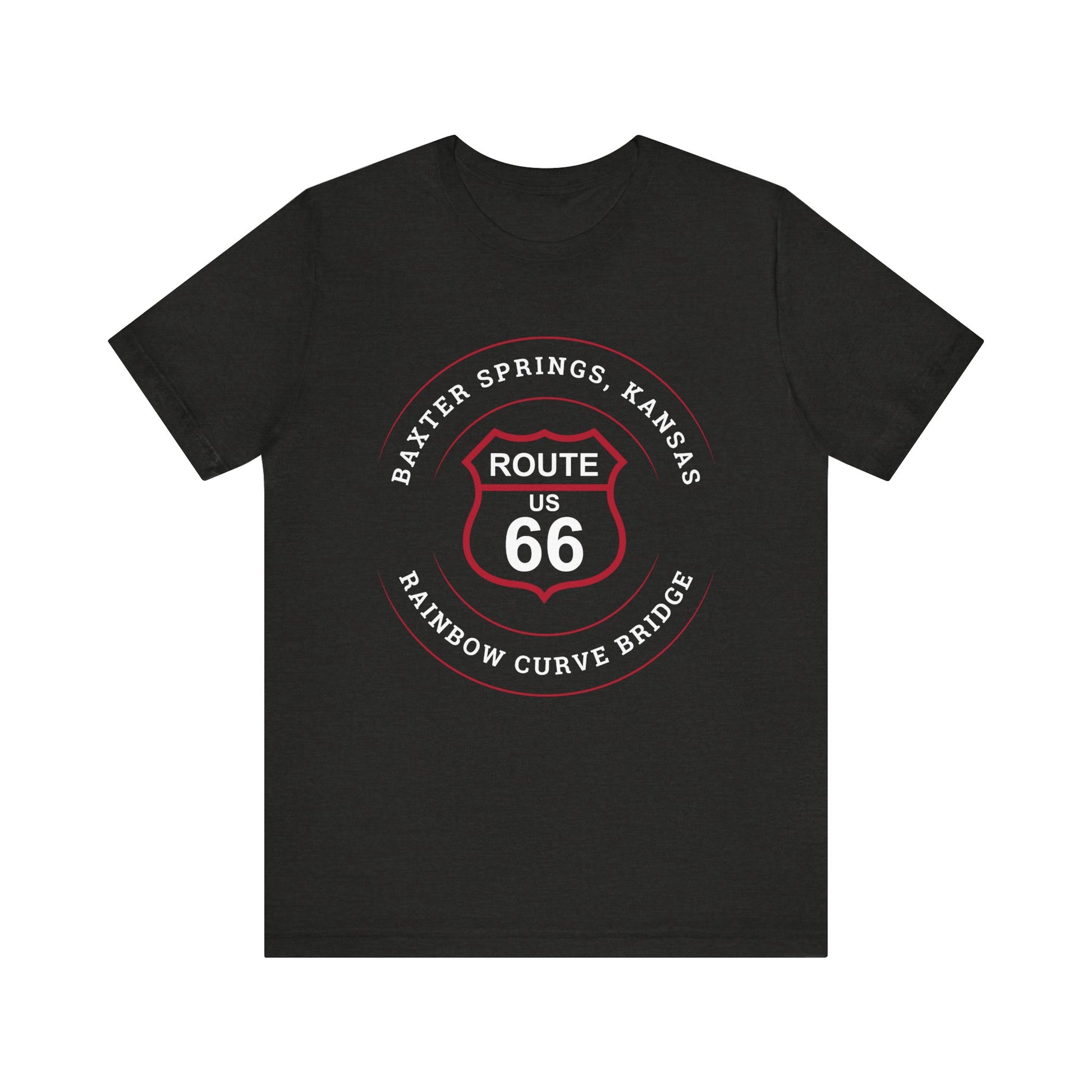 Black heather retro Route 66 unisex jersey tee with Baxter Springs, KS "Rainbow Curve Bridge" design