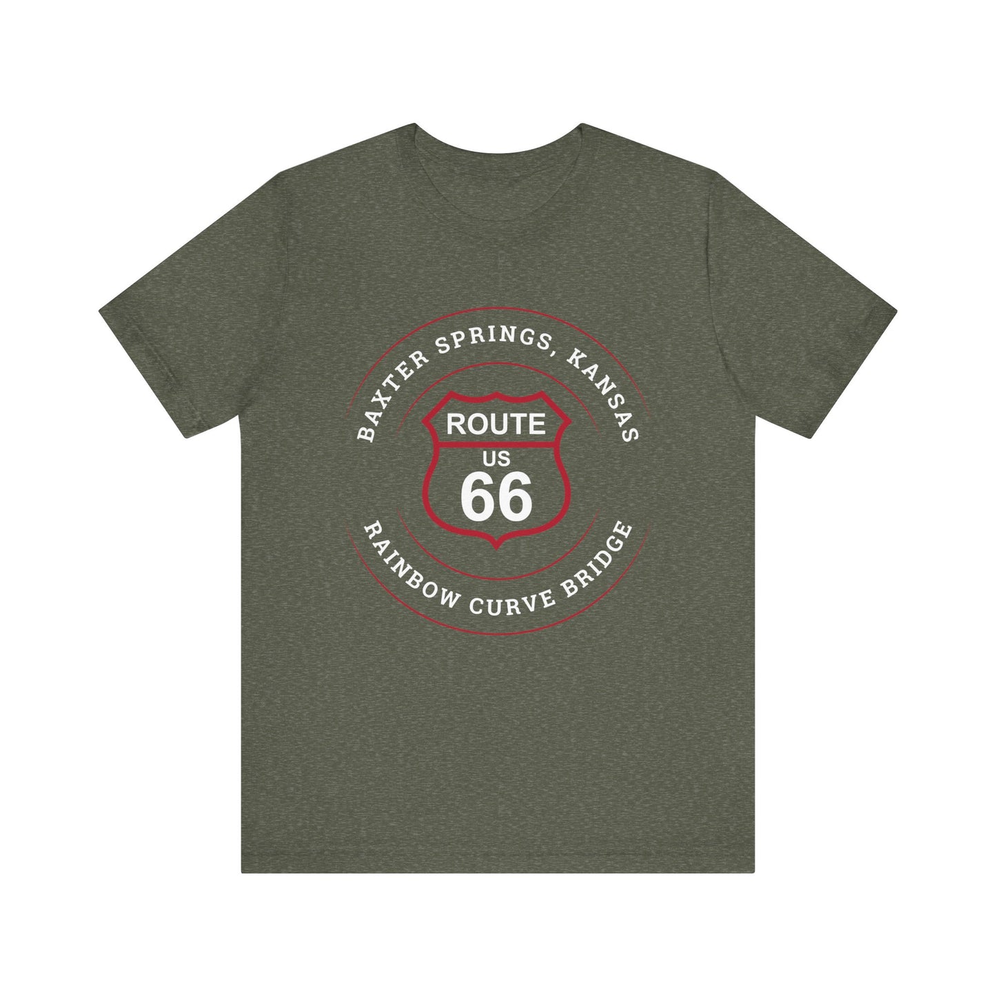 Heather military green retro Route 66 unisex jersey tee with Baxter Springs, KS "Rainbow Curve Bridge" design