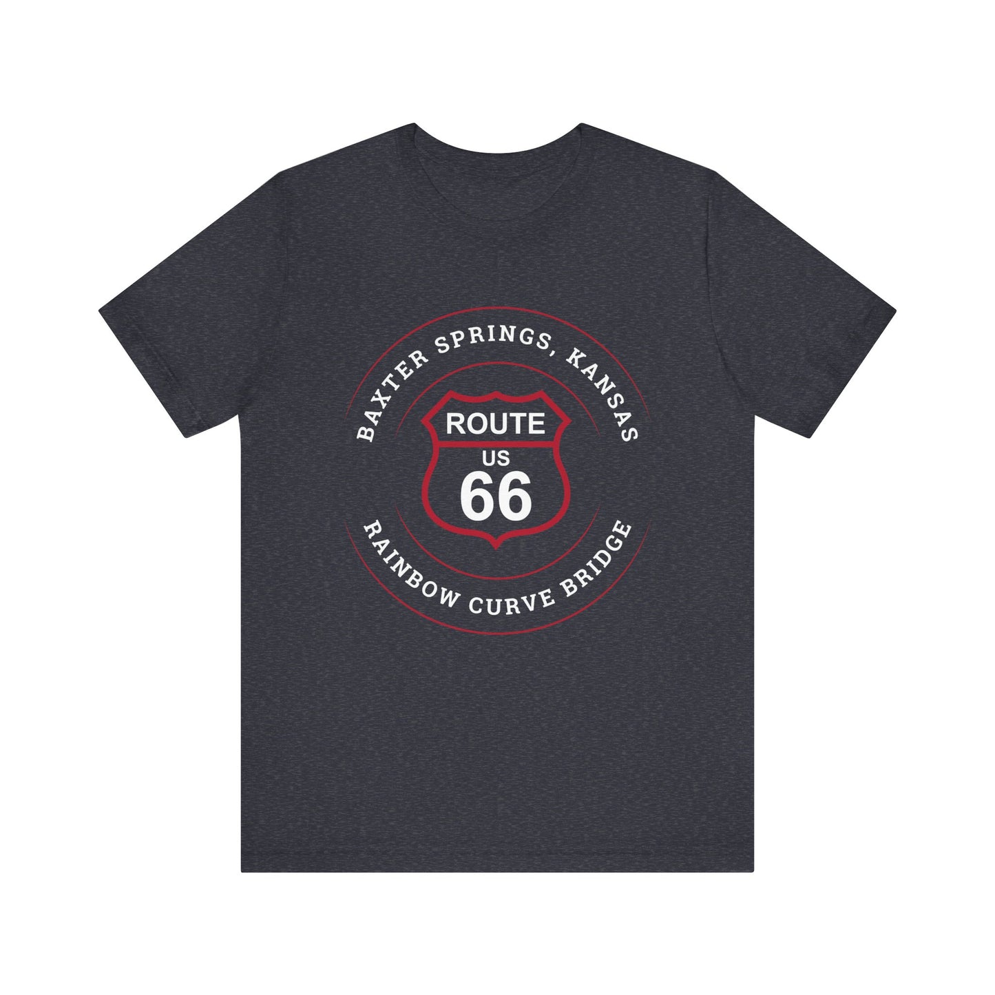 Heather navy retro Route 66 unisex jersey tee with Baxter Springs, KS "Rainbow Curve Bridge" design