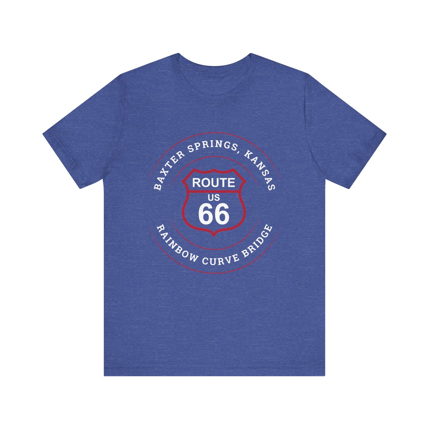 Heather true royal retro Route 66 unisex jersey tee with Baxter Springs, KS "Rainbow Curve Bridge" design