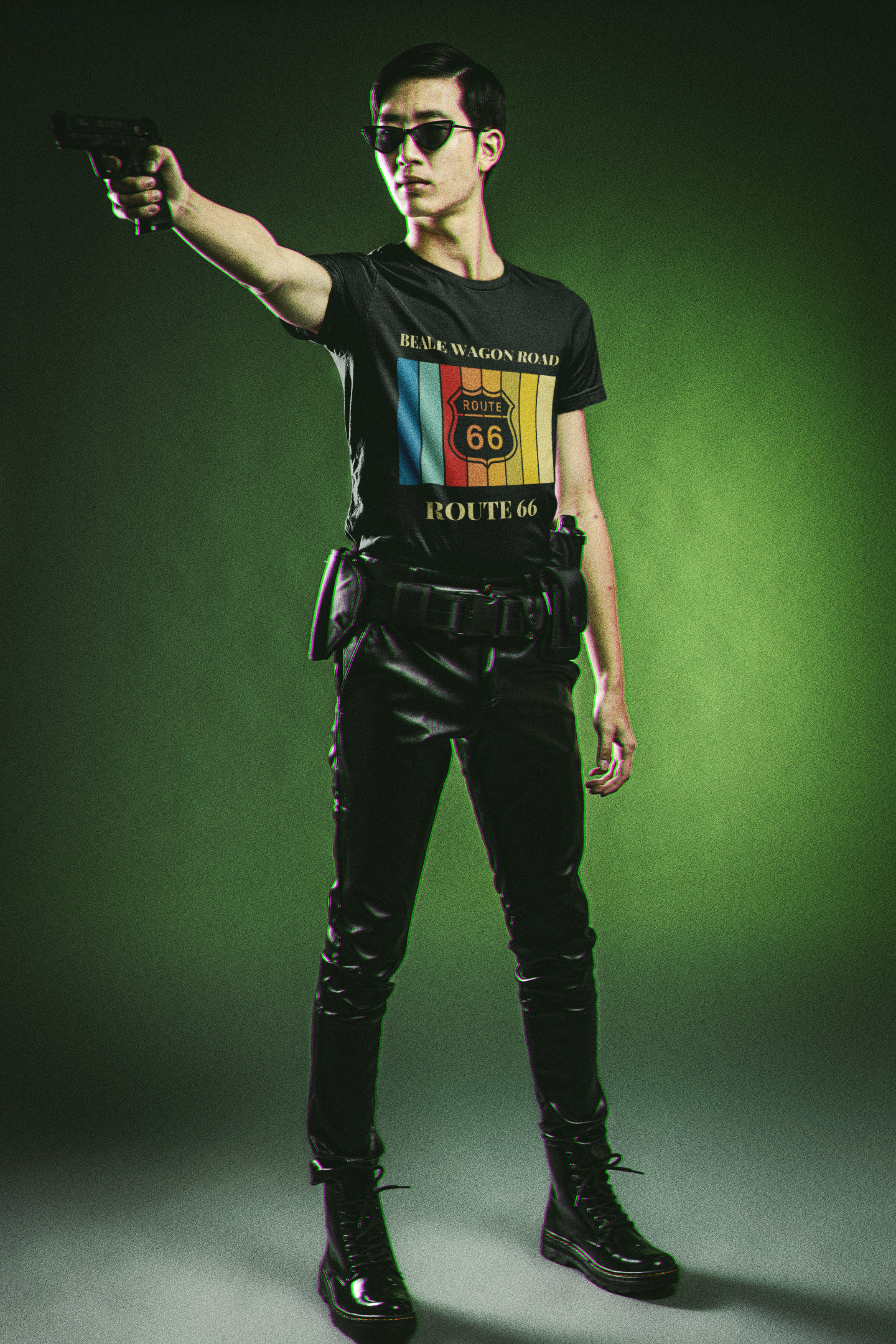 Male model wearing a black heather retro unisex jersey tee with a "Beale Wagon Road" design