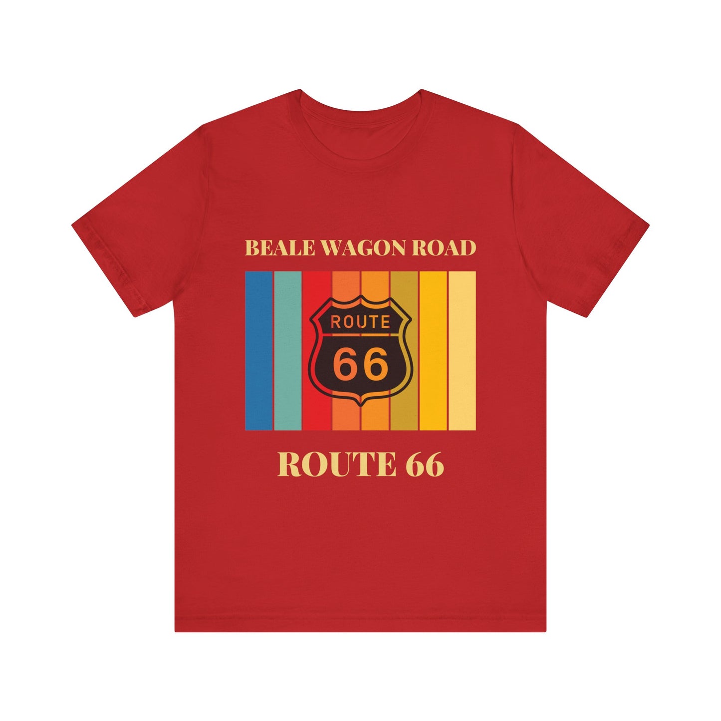 Red retro unisex jersey tee with Beale Wagon Road design