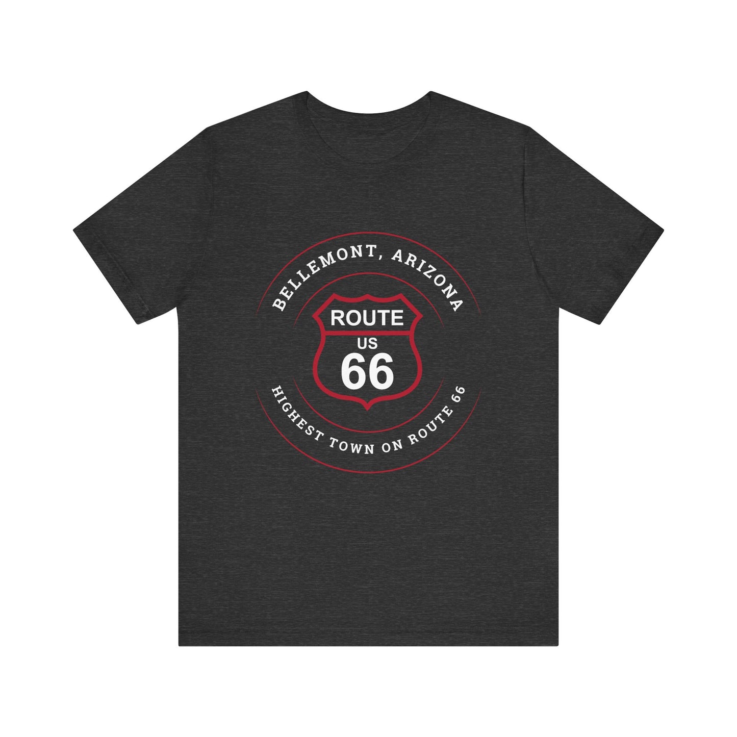 Dark grey heather retro Route 66 unisex jersey tee with Bellemont, AZ: "Highest Town on Route 66" design