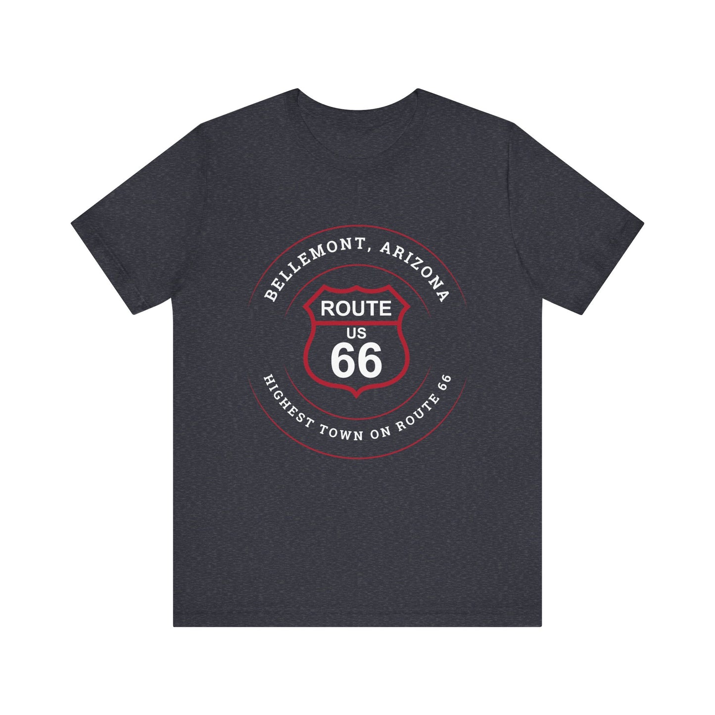 Heather navy retro Route 66 unisex jersey tee with Bellemont, AZ: "Highest Town on Route 66" design