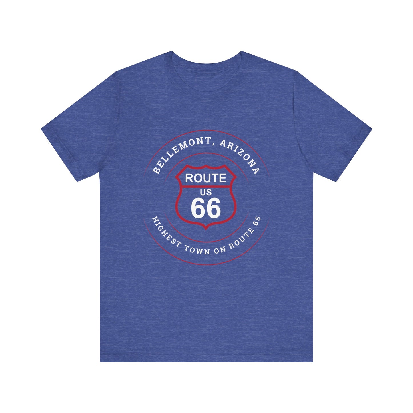 Heather true royal retro Route 66 unisex jersey tee with Bellemont, AZ: "Highest Town on Route 66" design