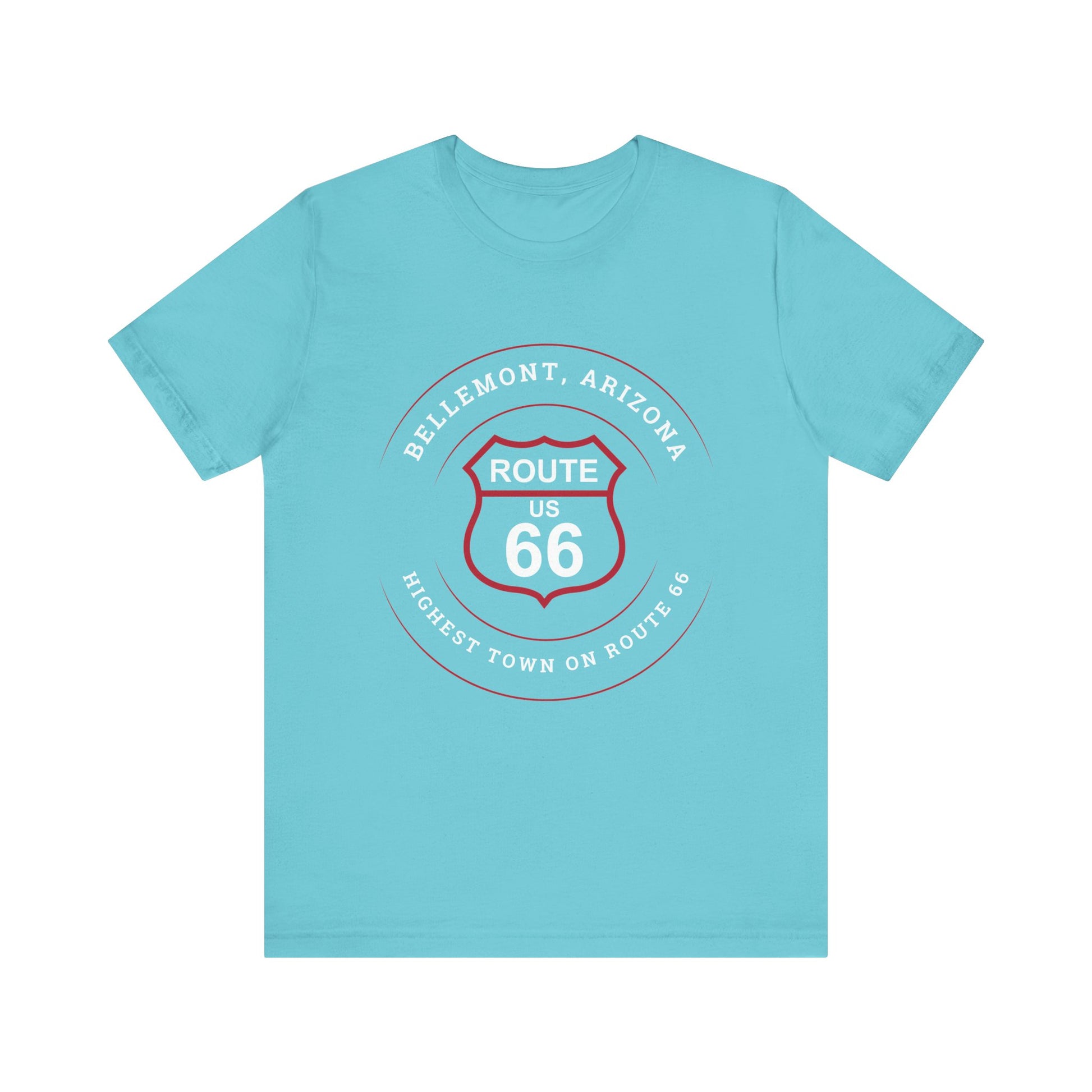 Turquoise retro Route 66 unisex jersey tee with Bellemont, AZ: "Highest Town on Route 66" design