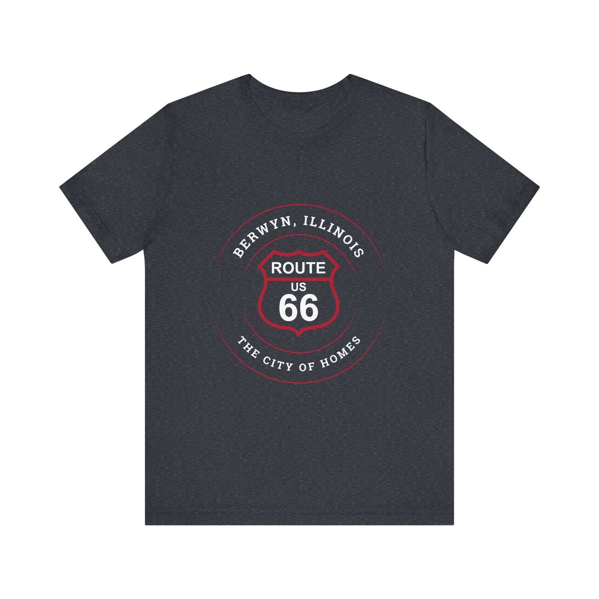 Heather navy retro Route 66 unisex jersey tee with Berwyn, IL:: "City of Homes" design