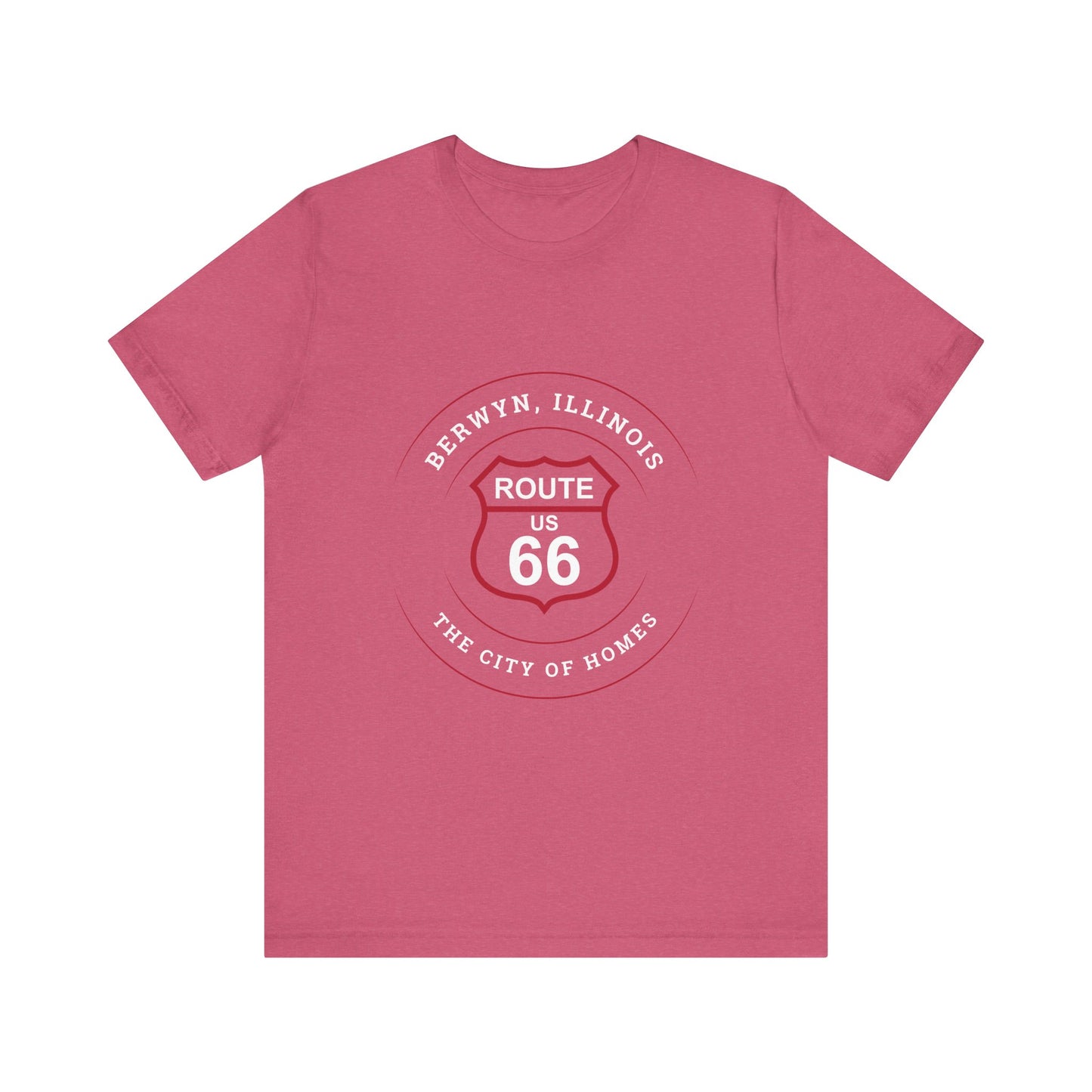 Heather raspberry retro Route 66 unisex jersey tee with Berwyn, IL:: "City of Homes" design