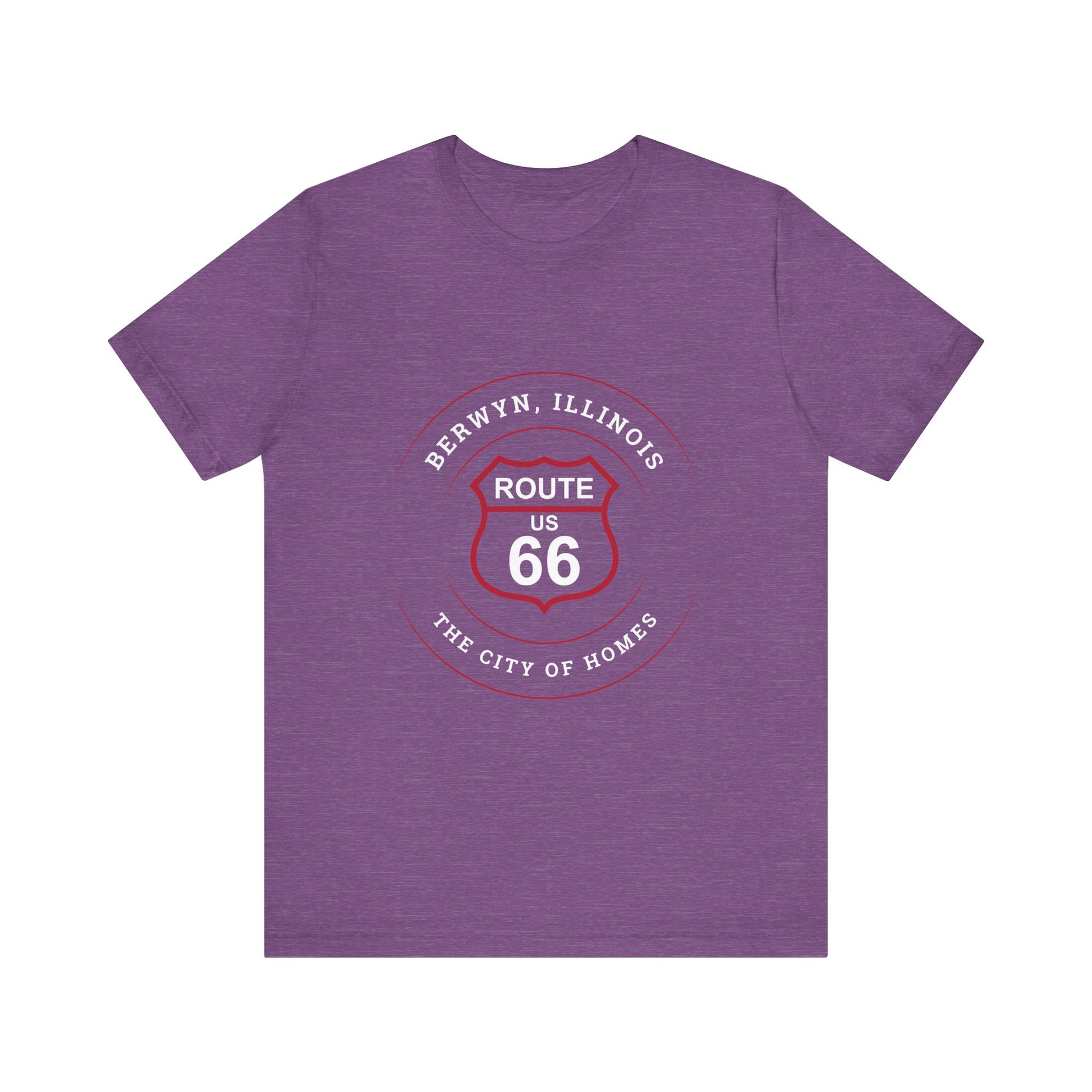 Heather team purple retro Route 66 unisex jersey tee with Berwyn, IL:: "City of Homes" design