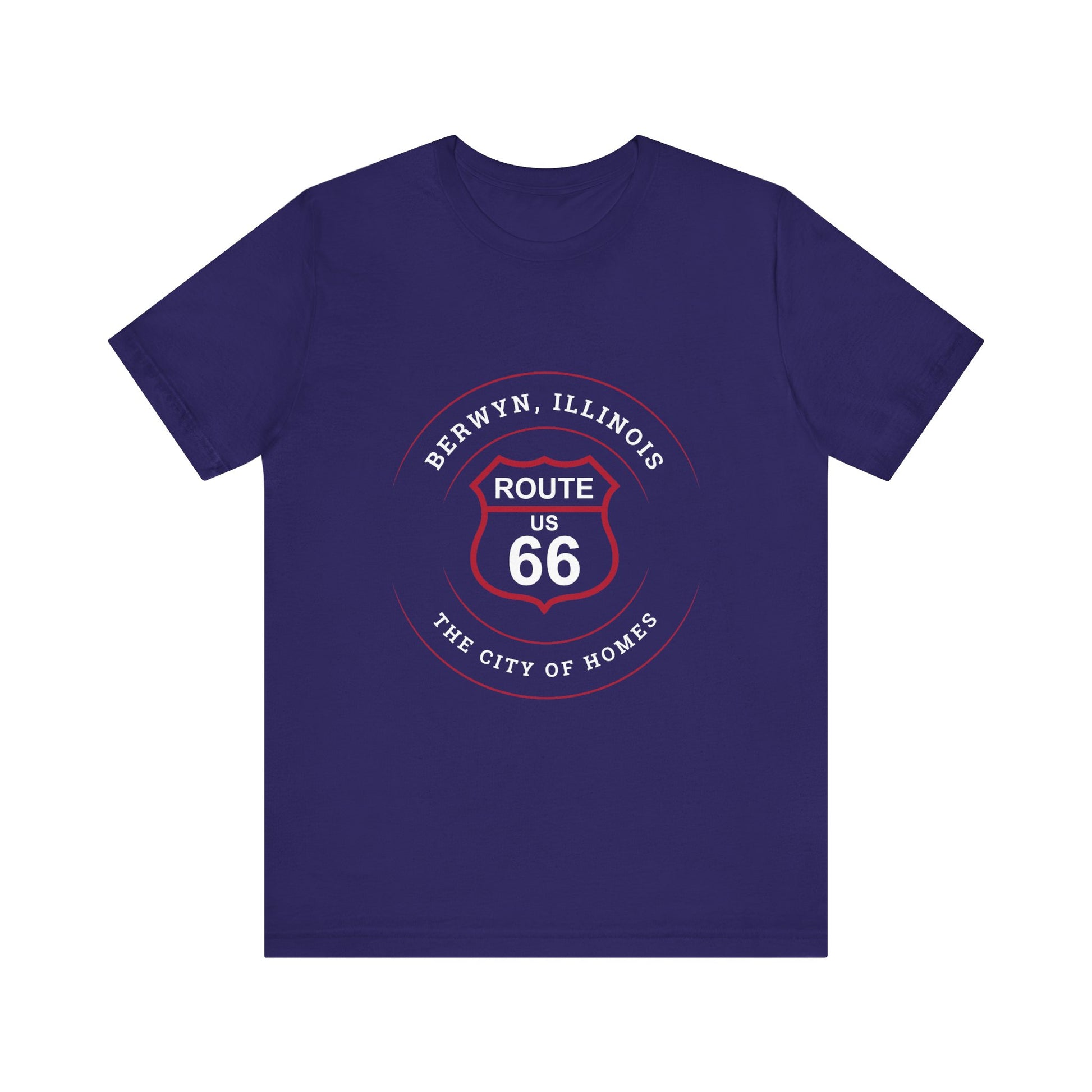 Team navy retro Route 66 unisex jersey tee with Berwyn, IL:: "City of Homes" design